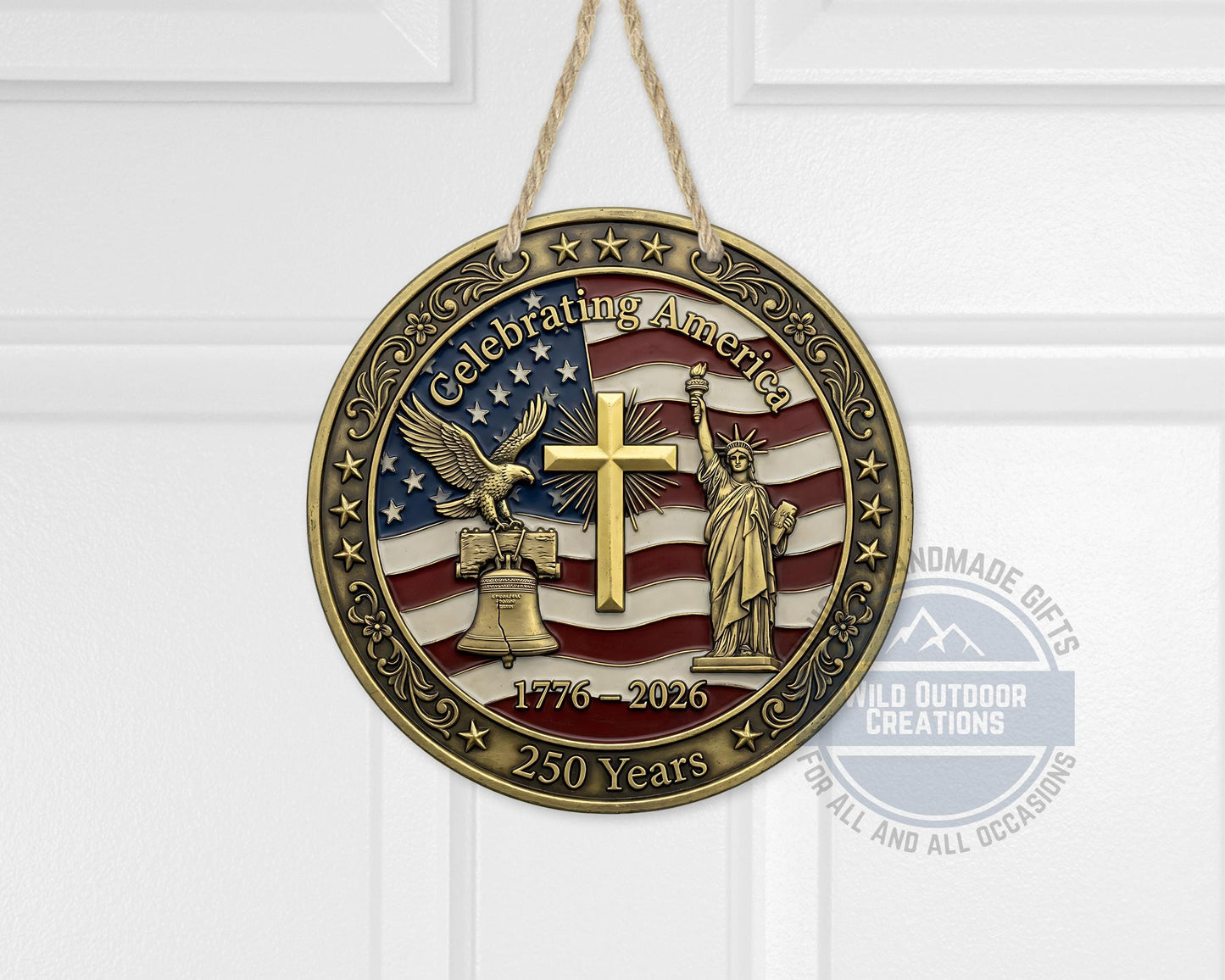 Patriotic Door Decor - America 250 Years Aluminum Door Sign 10" USA Hanger
