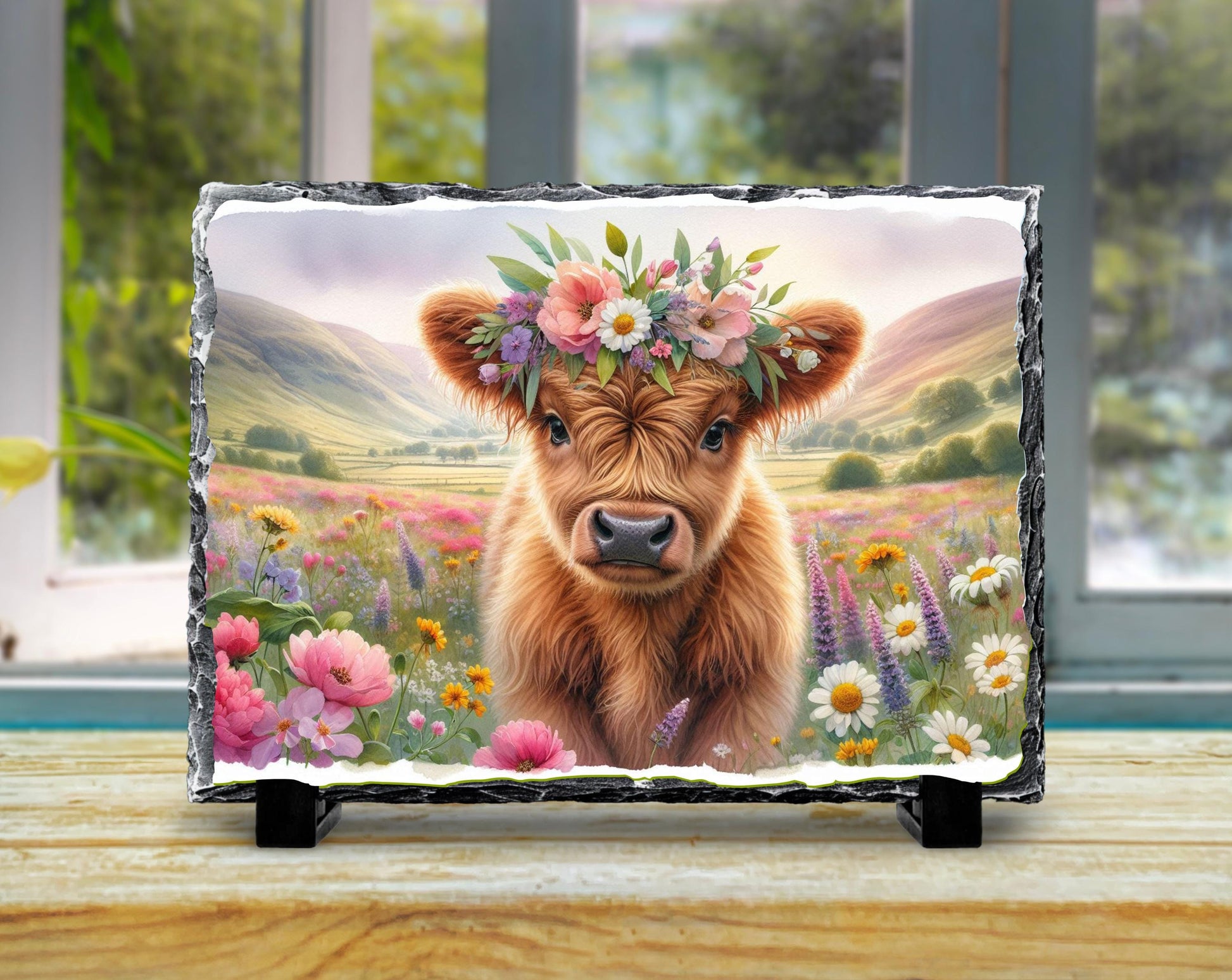 Baby Highland Cow Plaque – Natural Slate Floral Meadow Design, Handmade Slate Art - packaging and presentation