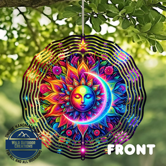 Celestial Wind Spinner - Neon Sun Moon Design | Double Sided Aluminum Spinner