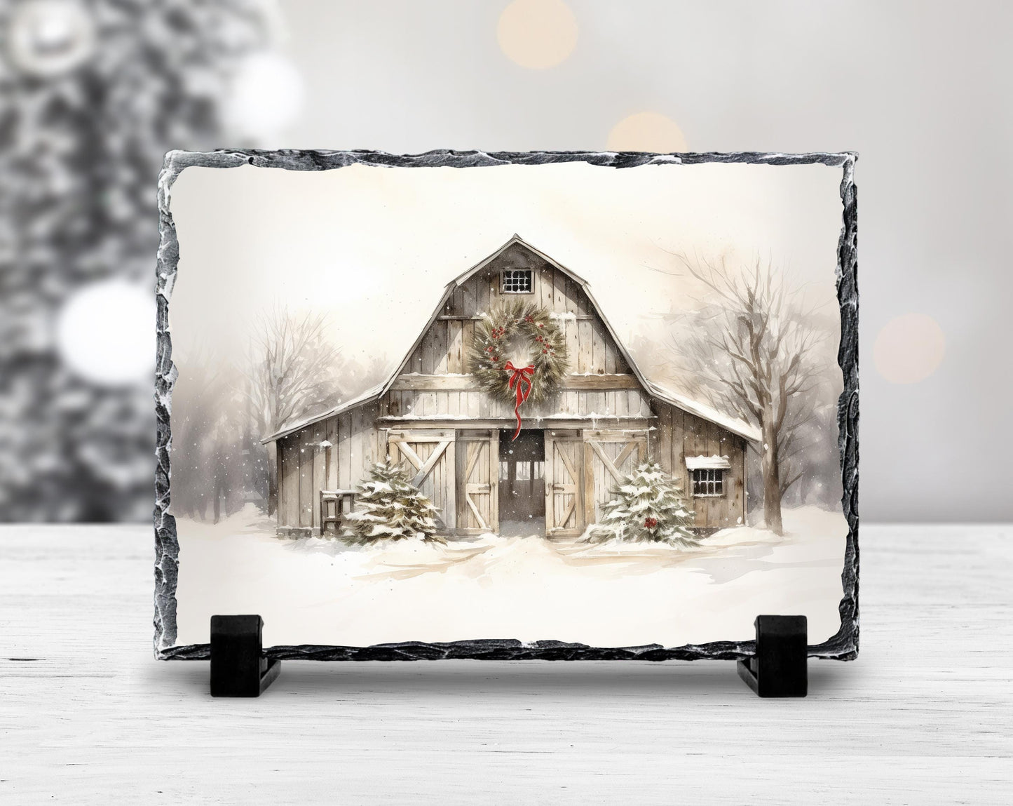 Rustic Christmas Slate Plaque with Barn Scene Wreath  Snow  Perfect Holiday Decor Gift