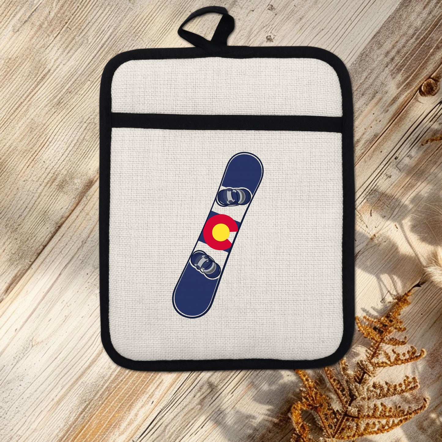 Snowboard Pot Holder - Colorado Flag Design | Linen Fabric & Silicone Backing Pad Trivet