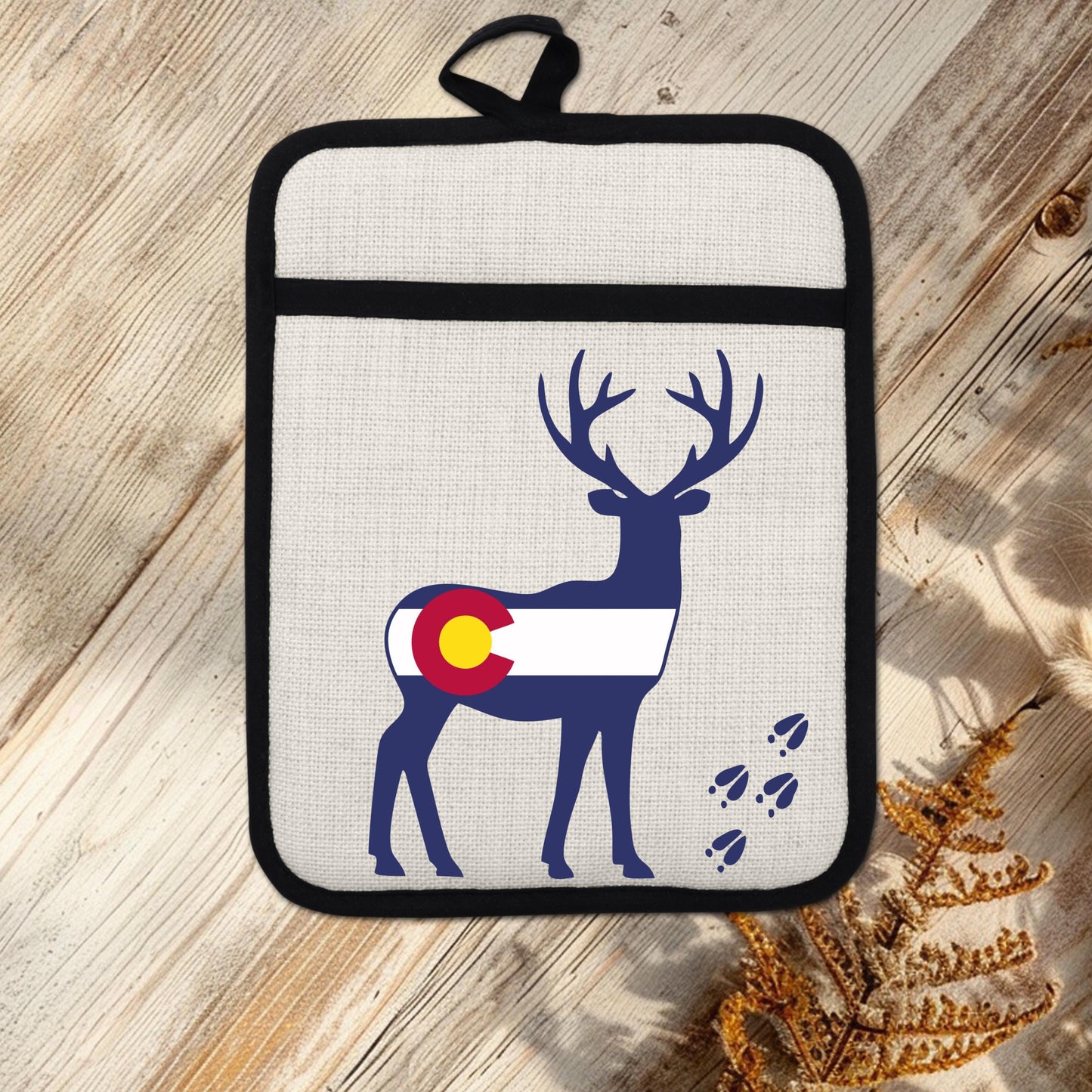 Colorado Deer Pot Holder - Linen Fabric, Silicone Back Trivet with Pocket Grip