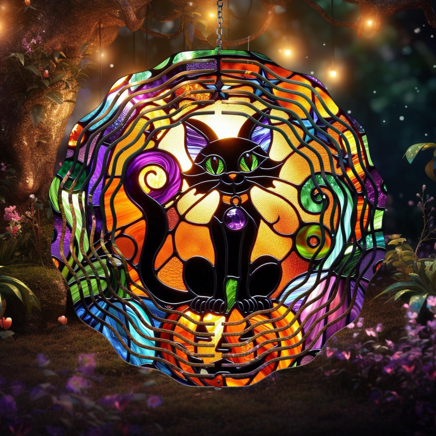 Black Cat Wind Spinner - Halloween Decor in Faux Stained Glass UV-Protected Aluminum