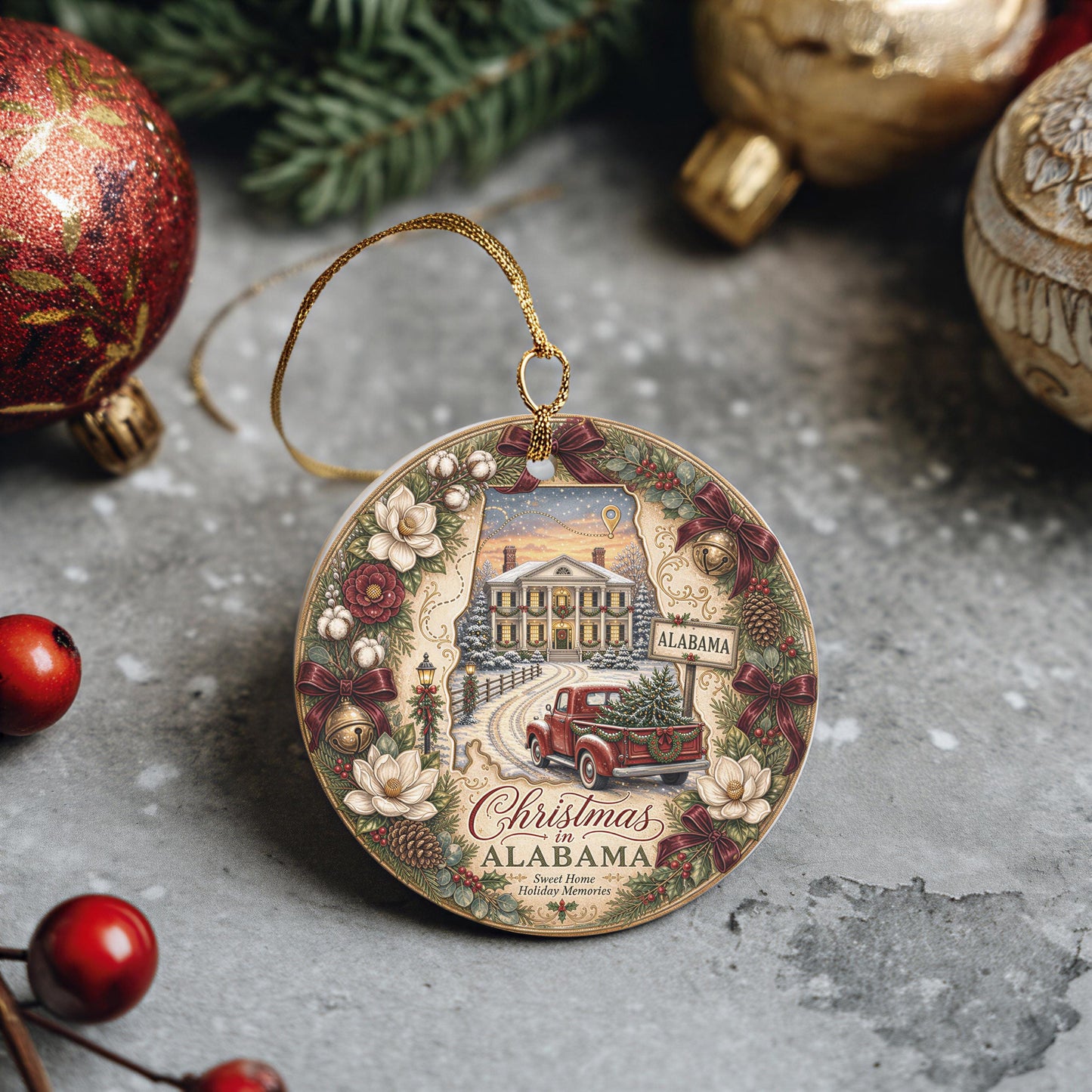 Alabama Christmas Ornament, Vintage Red Truck, Mansion Scene | Ceramic 3 Inch Double-Sided