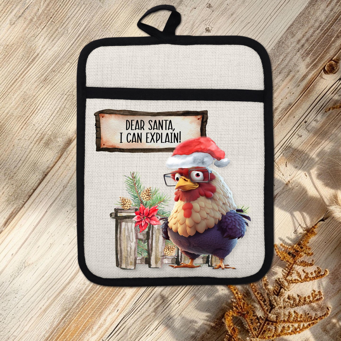 Funny Chicken Christmas Pot Holder with Santa Hat  Fence Scene - Dear Santa I Can Explain Linen Hot Pad Gift