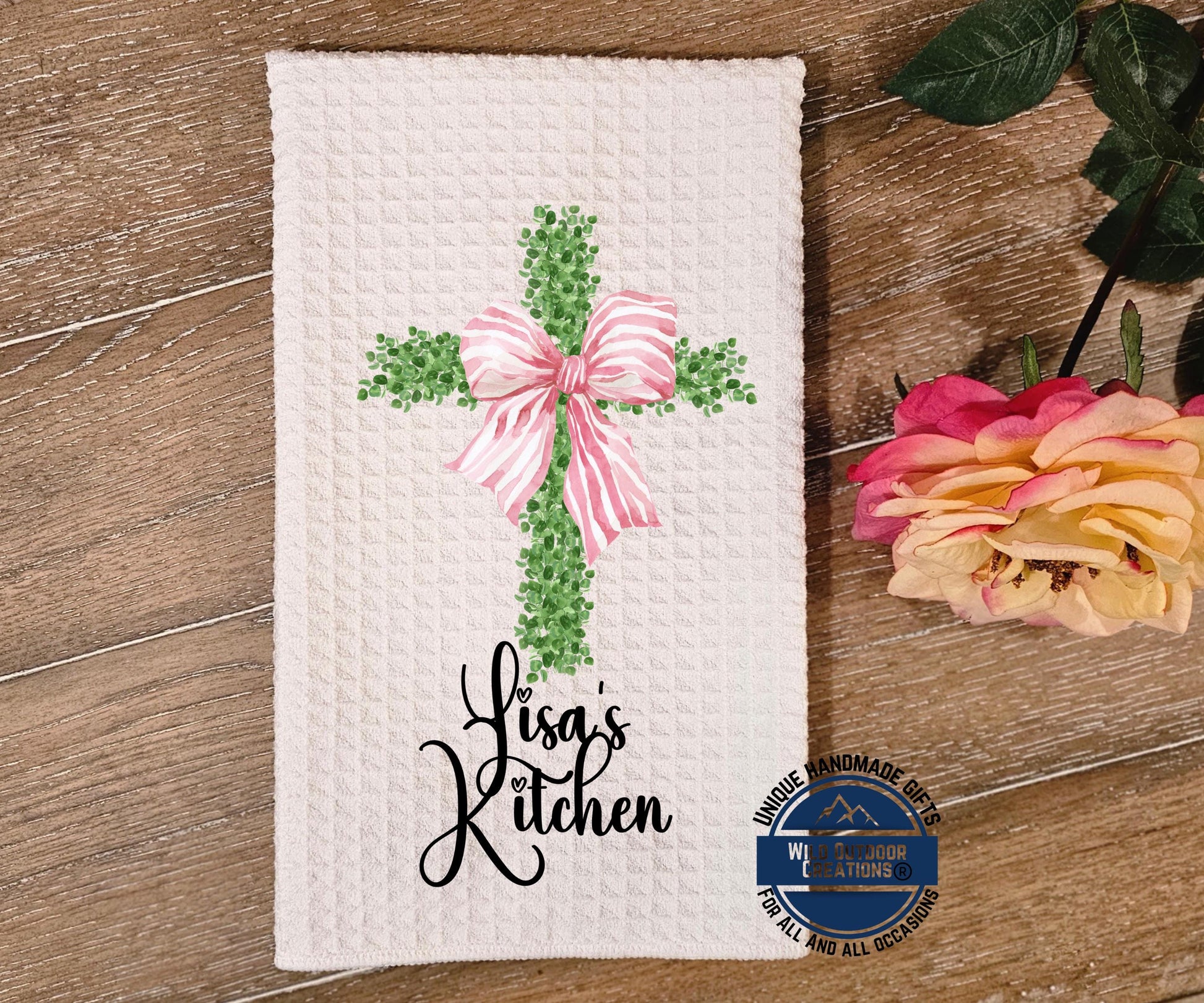 Personalized Kitchen Towel - Custom Name Cross Design with Pink Bow | Easter Gift - packaging and presentation