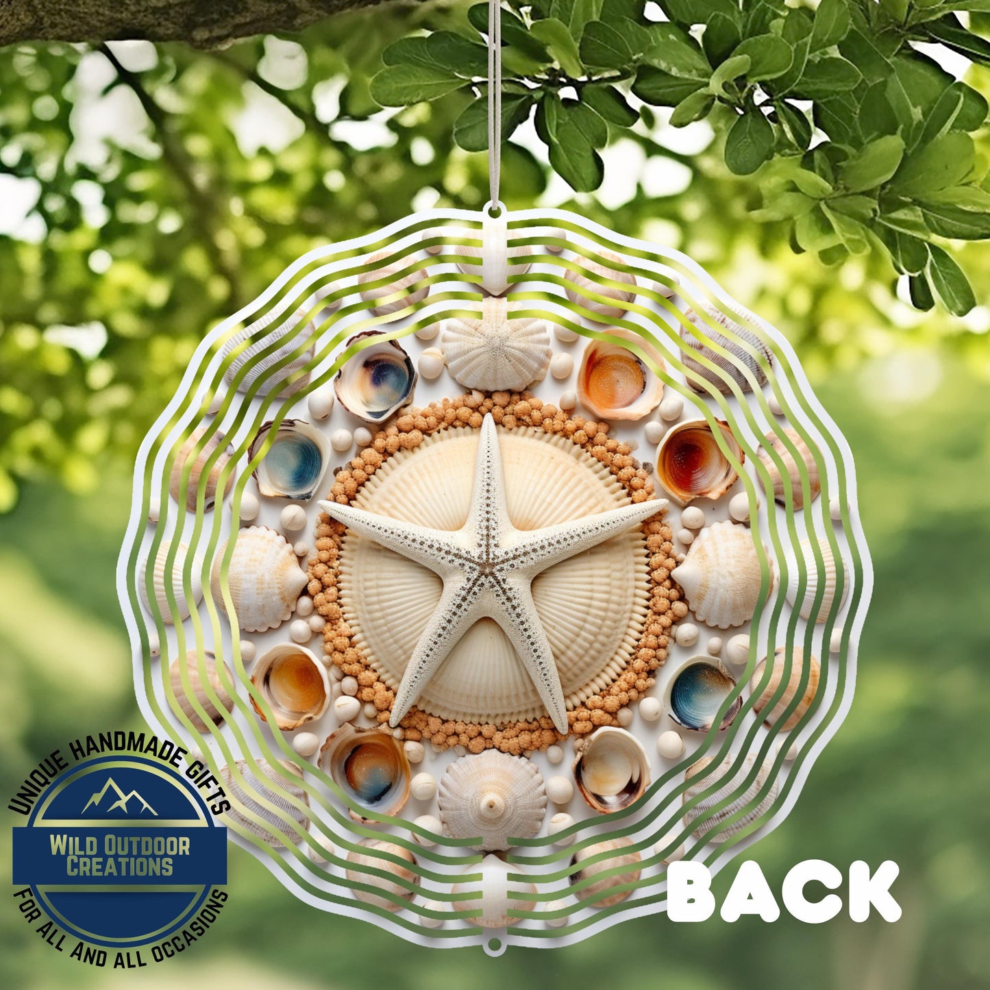 Coastal Seashell Wind Spinner - Aluminum Beach Nautical Yard Art, 10 Inch