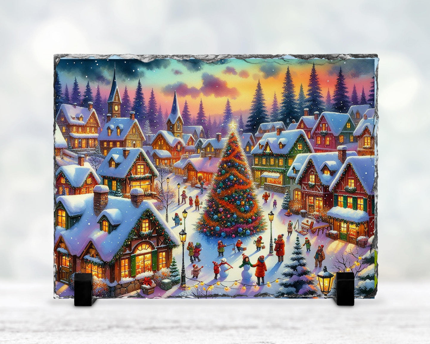 Vintage Christmas Village Slate with Winter Scene and Tree Children  Rustic Holiday Gift