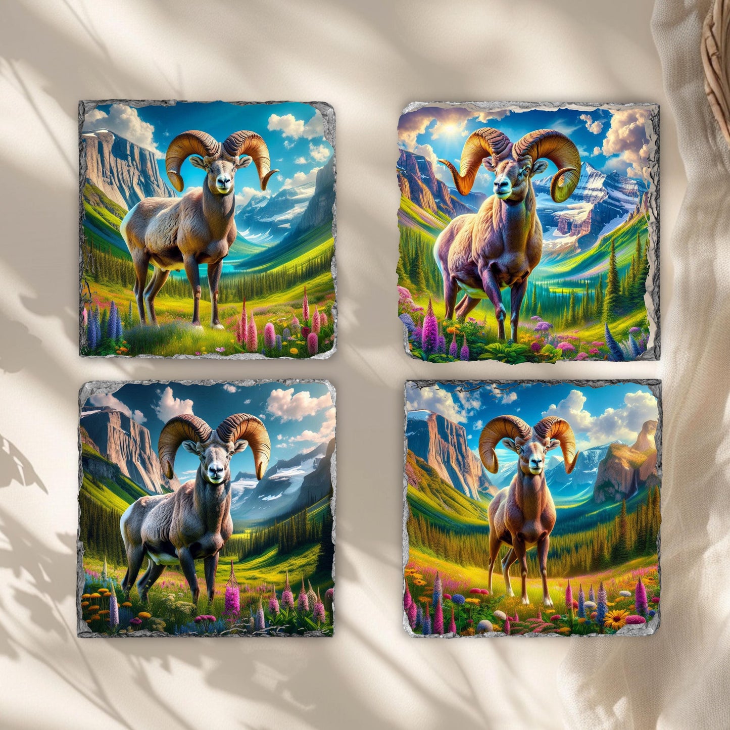 Slate Coaster Set Featuring Big Horn Sheep Mountain Valley and Wildflowers with Black Rack - Ideal Nature Gift