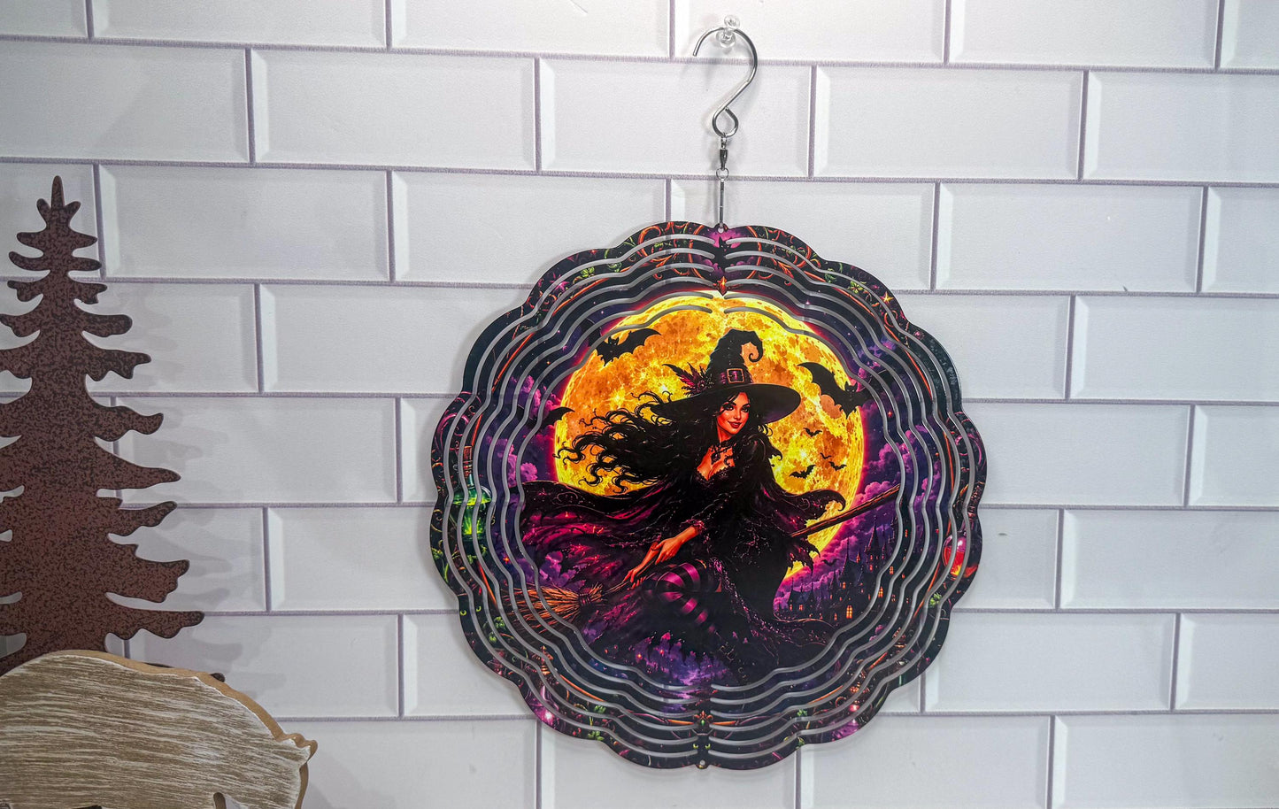 Witch Wind Spinner | Halloween Porch Decor - 10 Inch Swivel Display, Indoor Outdoor Accent