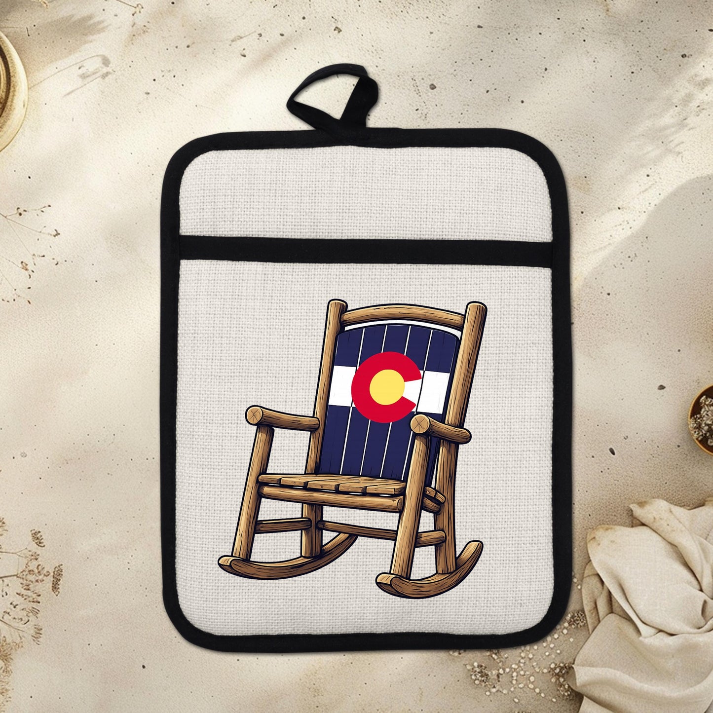 Linen Oven Mitt - Colorado Rocking Chair Pot Holder with Trivet & Heat Resistant Design