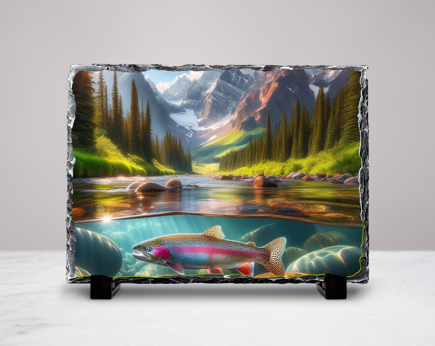 Nature-Inspired Slate Art featuring Rainbow Trout  Rustic Mountain Stream Wall Decor for Outdoor Enthusiasts