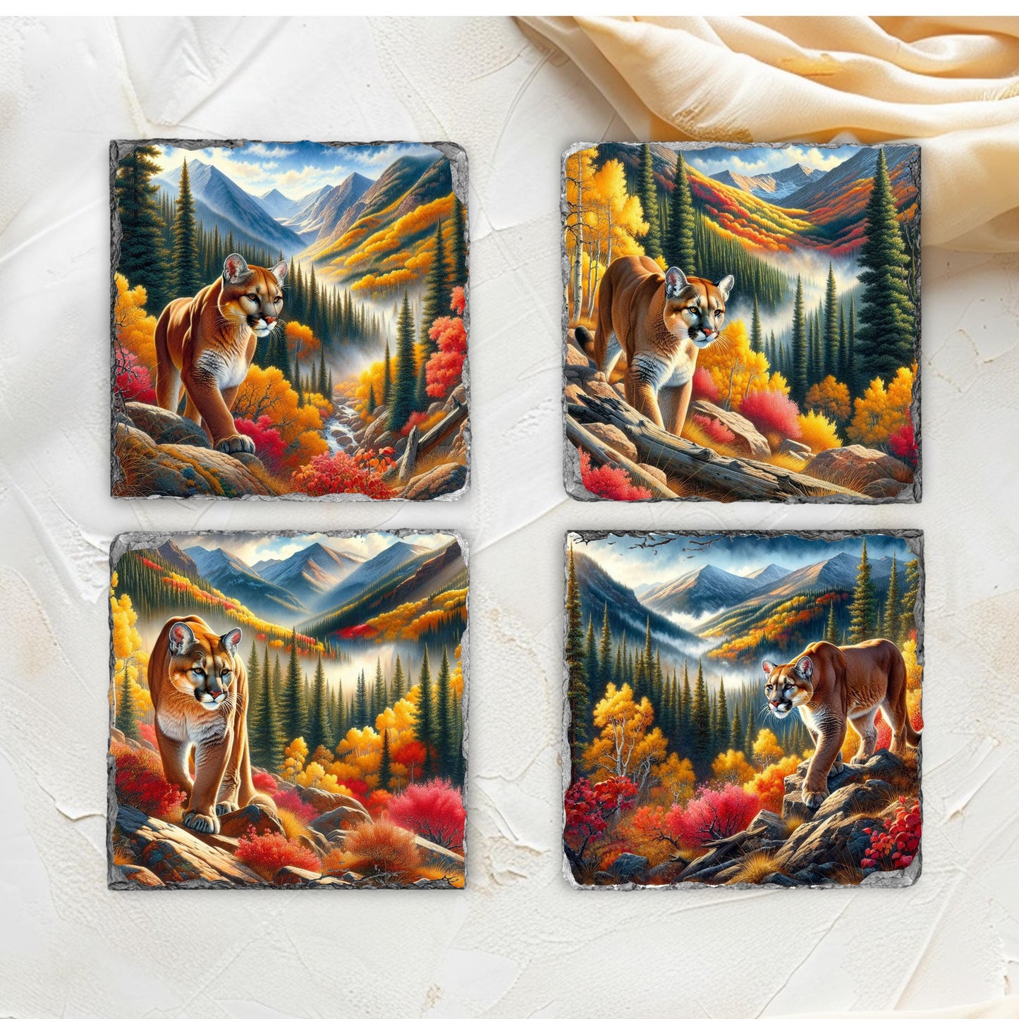 Mountain Lion Slate Coaster Set - Fall Landscape Decor for Nature Lovers