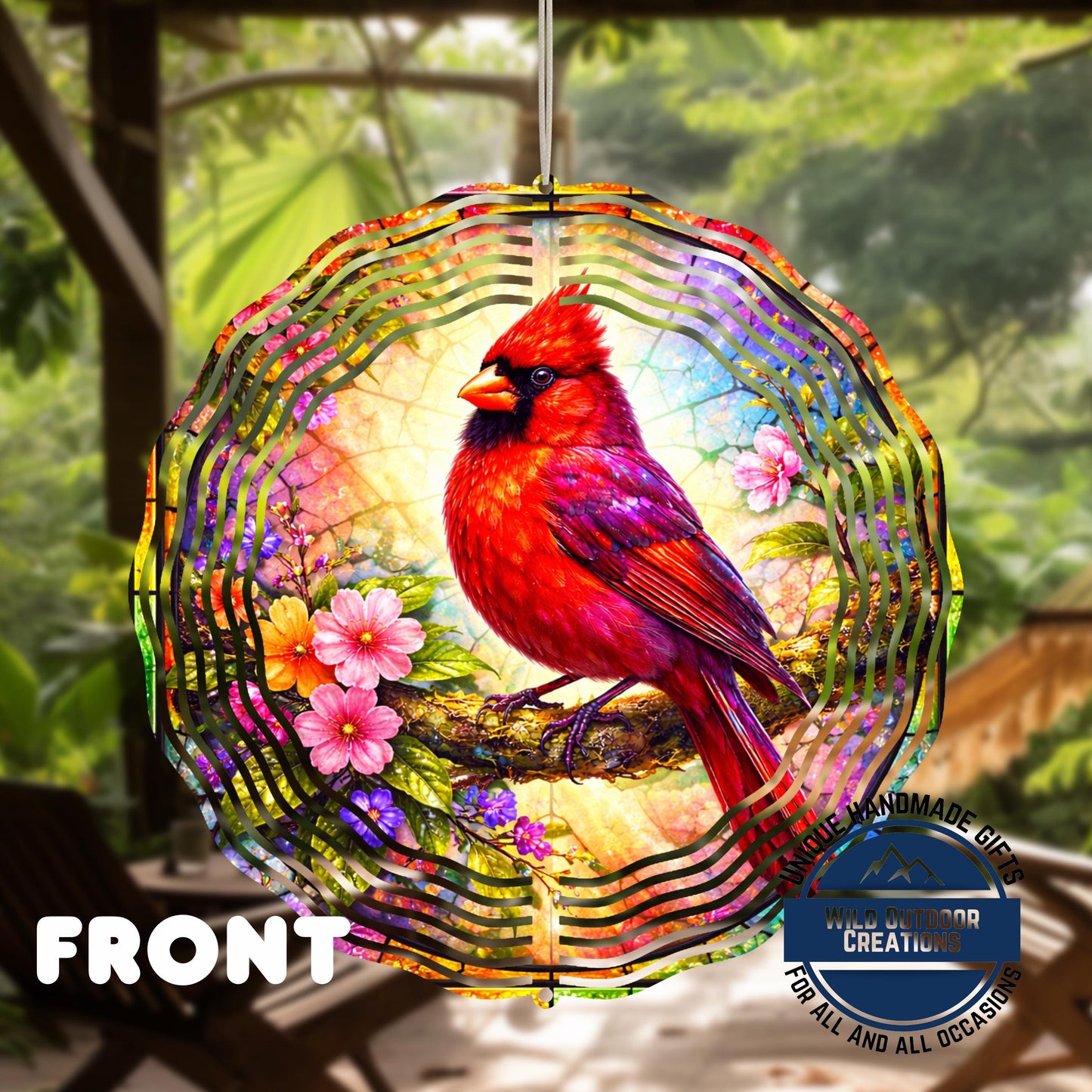 Cardinal Wind Spinner - 10 Inch Aluminum Outdoor Garden Decor With Pink Yellow Flowers