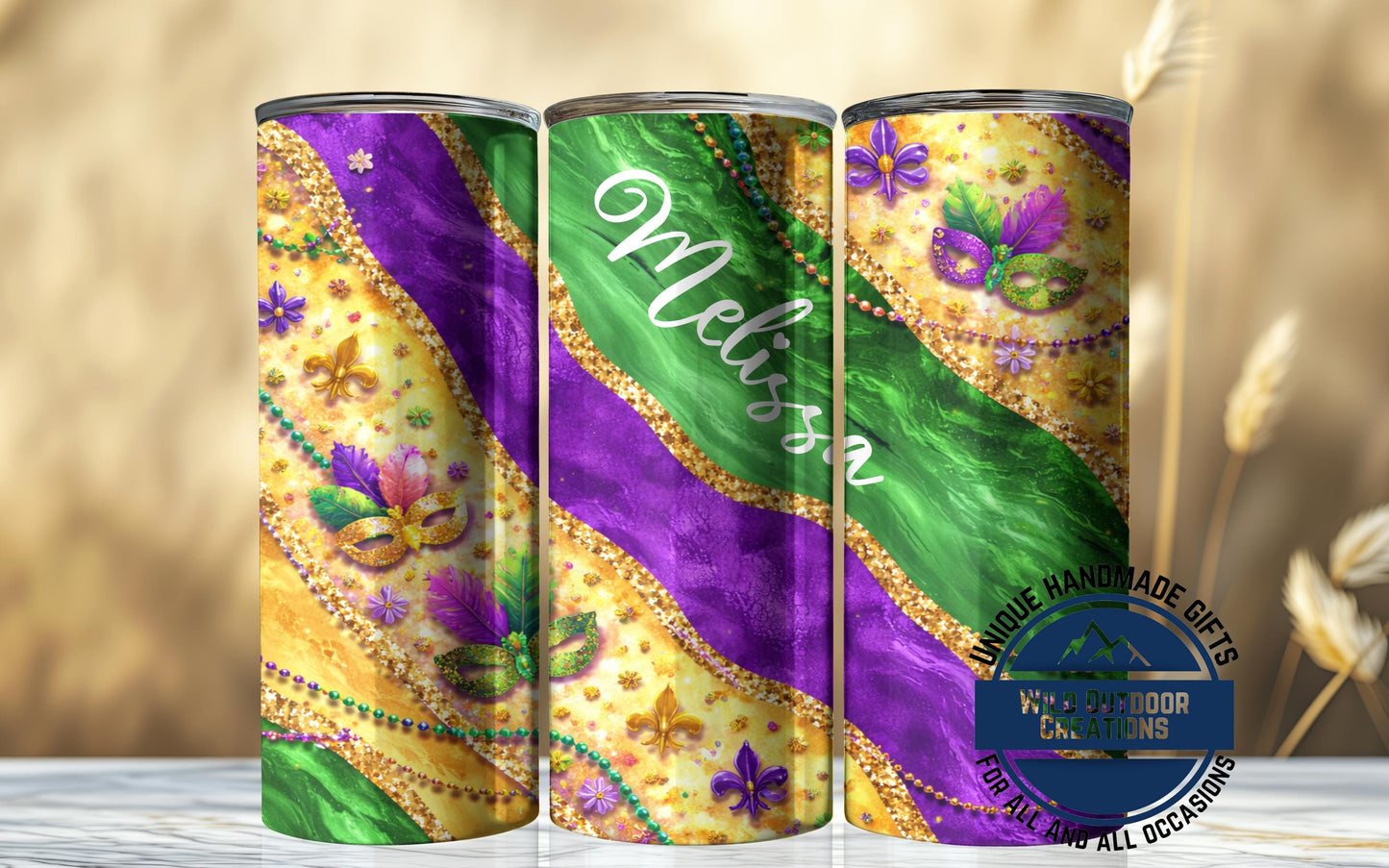 Custom Name Tumbler - Mardi Gras Mask Design | Glow in Dark Green Festival Cup - additional product photo 10