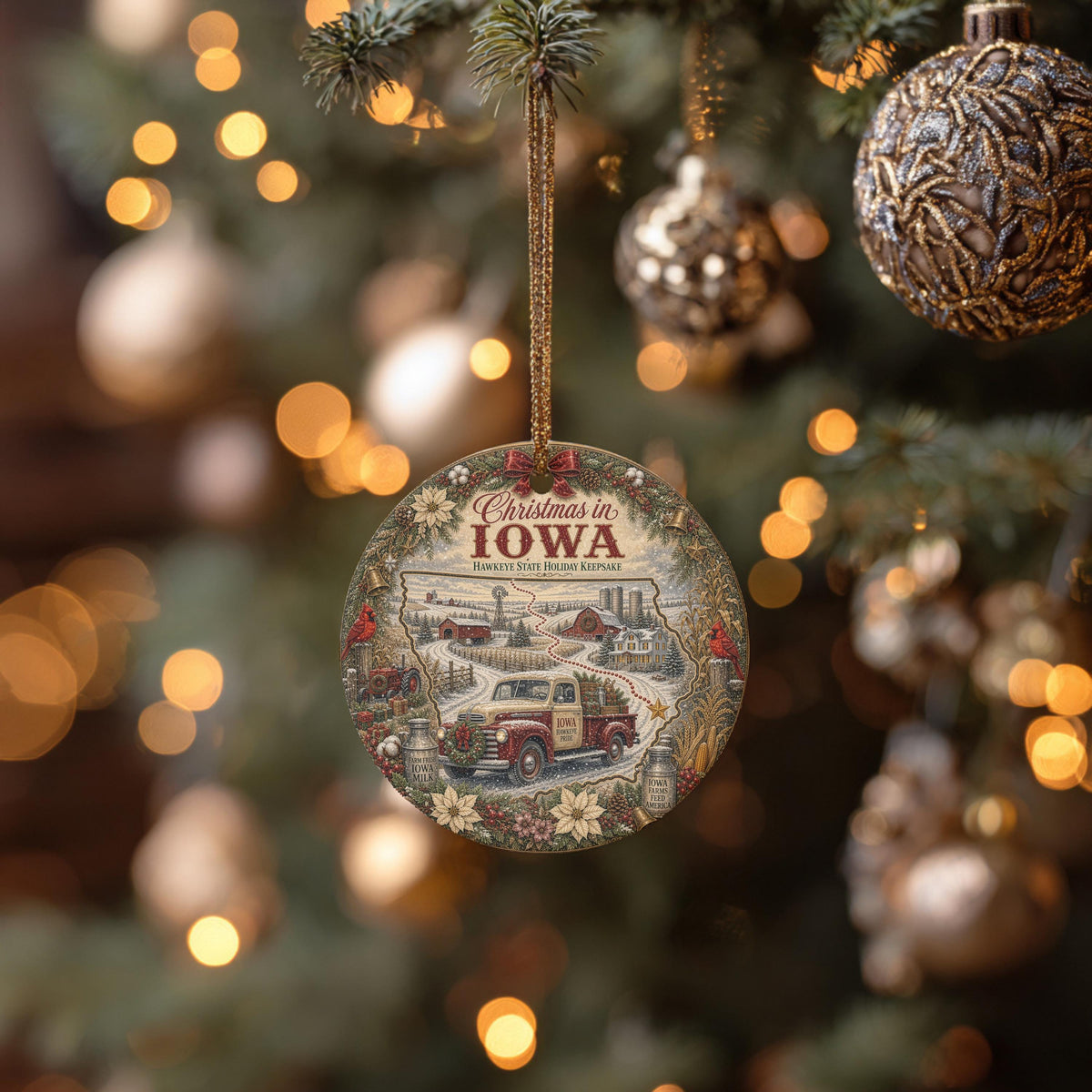 Iowa Christmas Ornament, Vintage Truck Cardinal Ceramic Keepsake