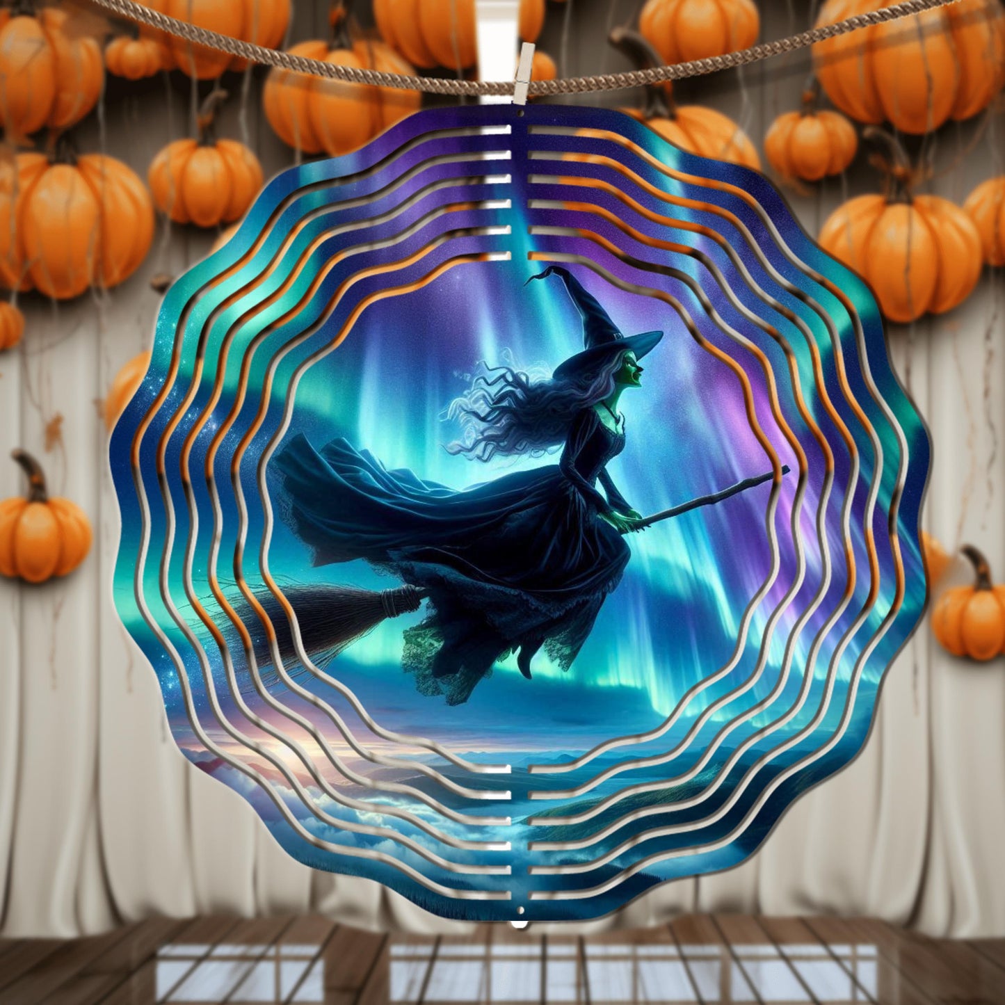 Witch on Broom Wind Spinner - Aurora Borealis Aluminum Outdoor Art for Enchanting Yard Decor