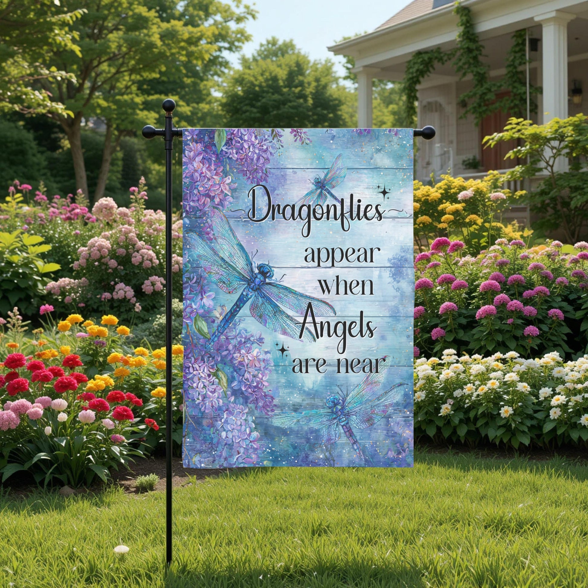 Memorial Garden Flag – Dragonfly Garden Flag with Lilac Flowers | UV Protected Polyester - full product view