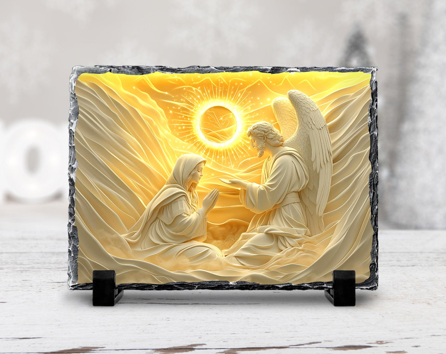 3D Mary with Angel Slate Plaque - Gold Sun Design Fractured Edges