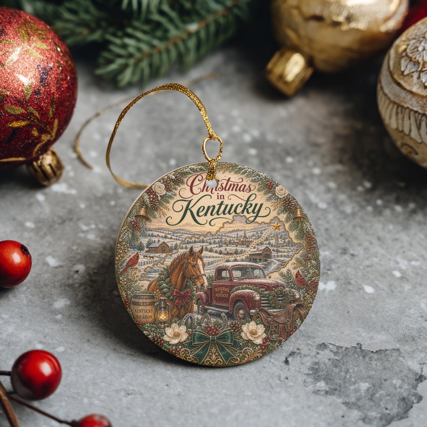 Kentucky Christmas Ornament, Bluegrass Horse Farm Ceramic Round