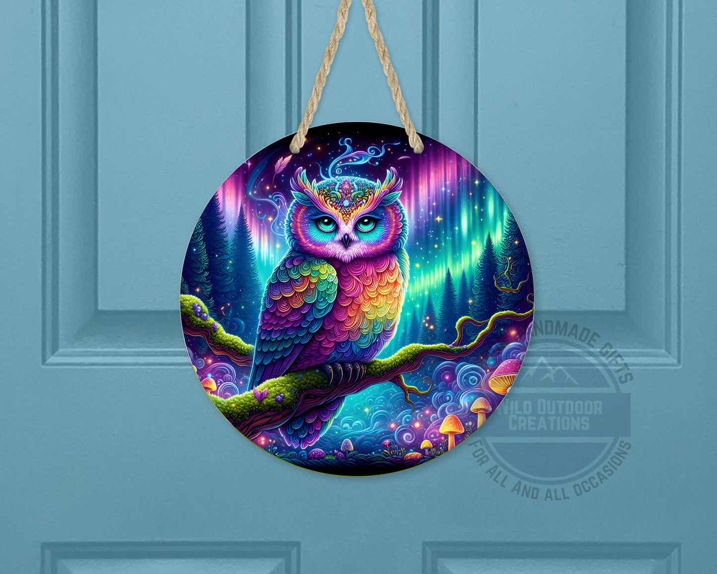 Rainbow Owl Wall Art – Psychedelic Forest Scene | Round Aluminum Sign With Fade Resistant Print