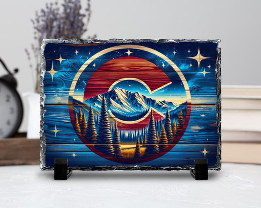 Colorado Slate Plaque - Mountain Pine Design | Rustic Cabin Decor | Natural Slate Stone Art