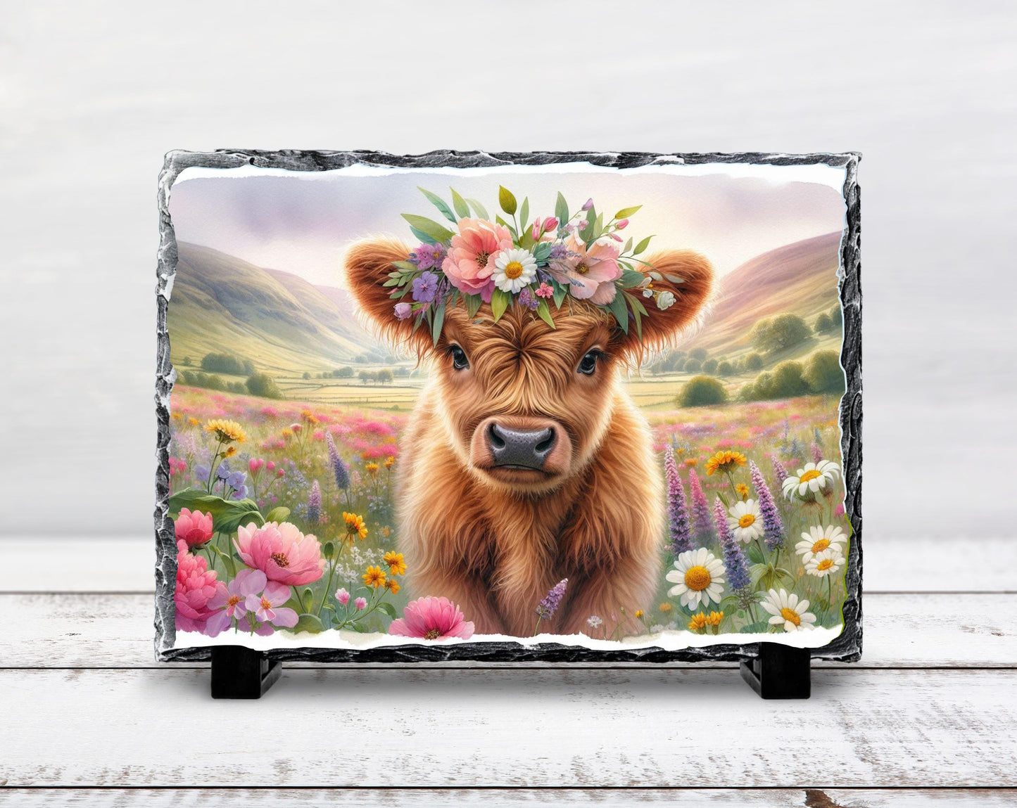 Baby Highland Cow Plaque – Natural Slate Floral Meadow Design, Handmade Slate Art - scale and size reference