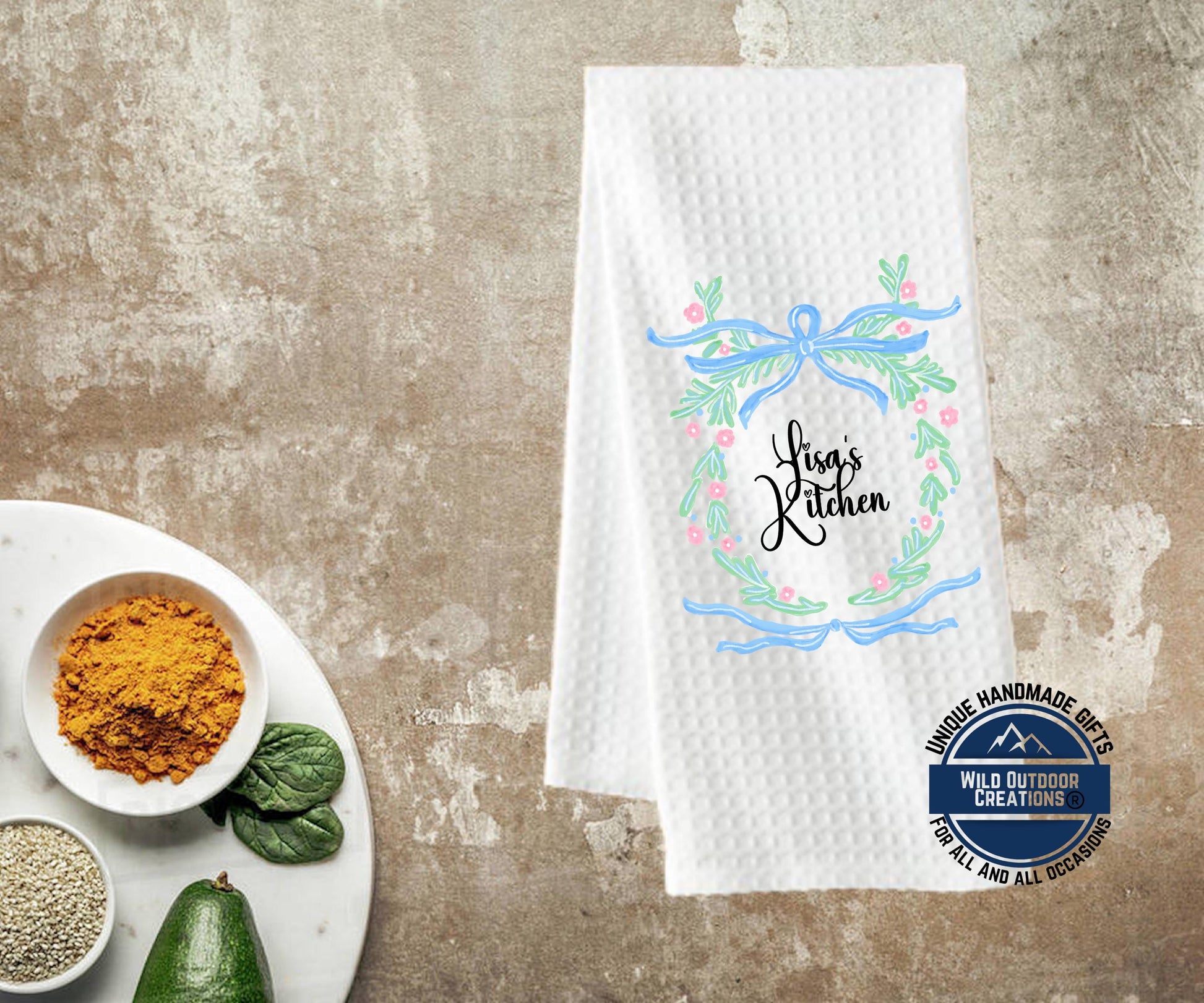 Personalized Kitchen Towel – Custom Name Floral Wreath Waffle Weave Gift - additional product photo 12