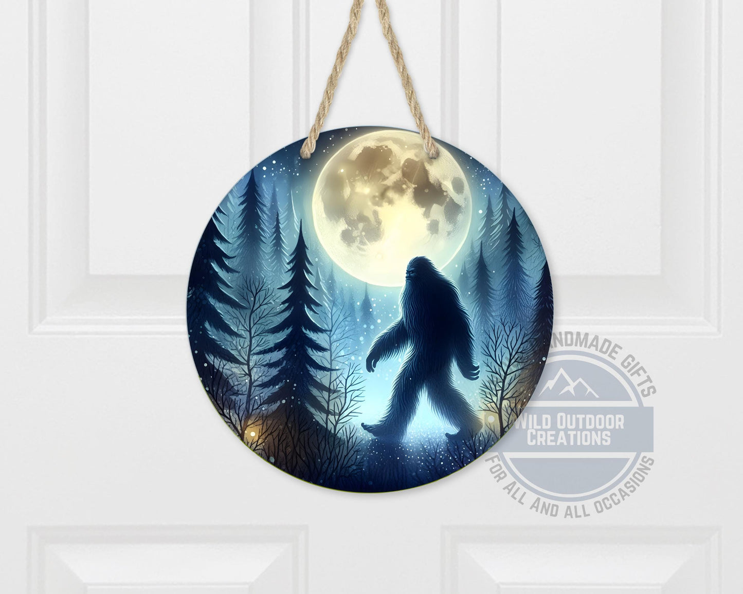 Bigfoot Door Hanger - Aluminum Round Porch Sign With Moonlit Forest Decor