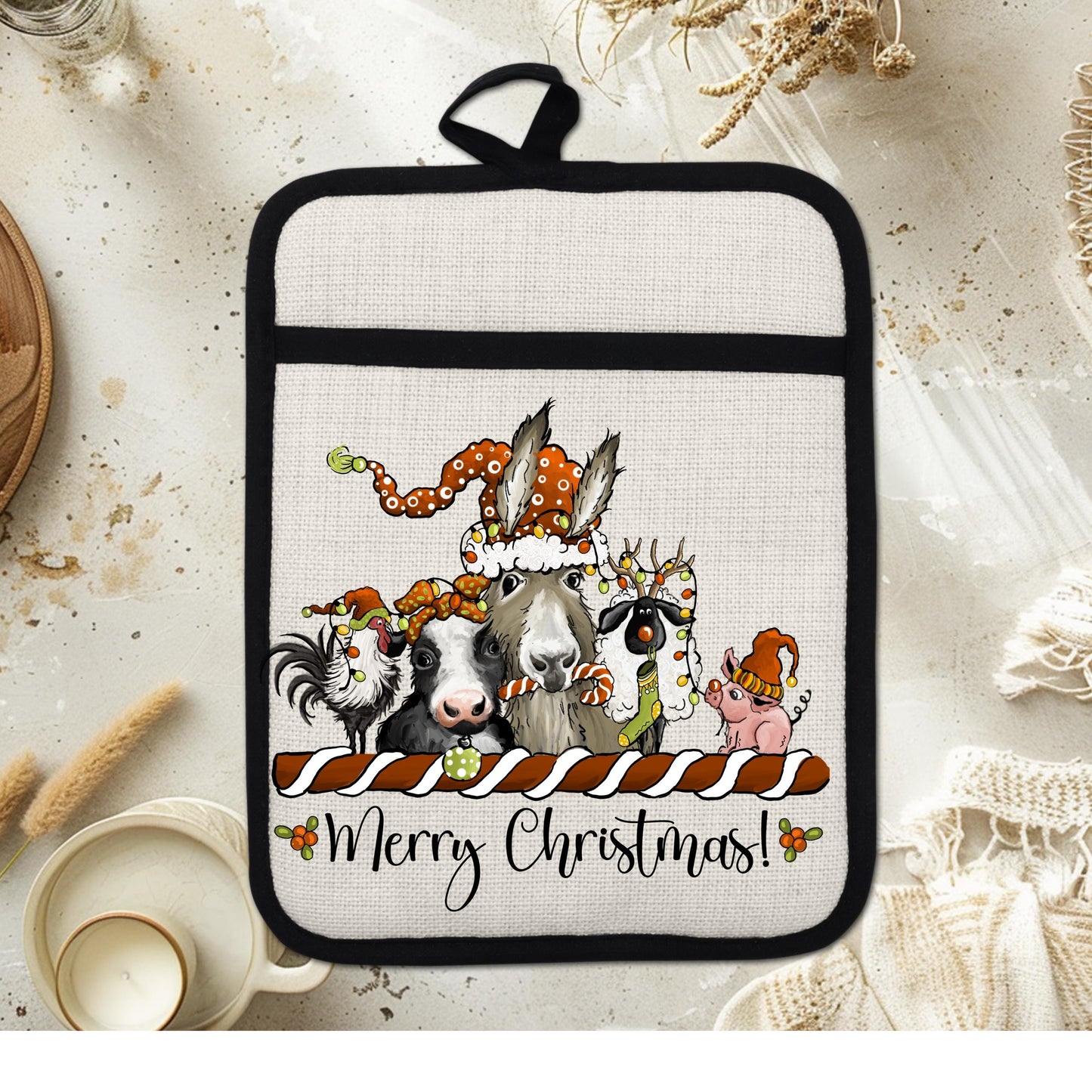 Farm Animal Christmas Pot Holder  Funny Holiday Kitchen Decor with Chicken Cow Llama Pig  Sheep Design
