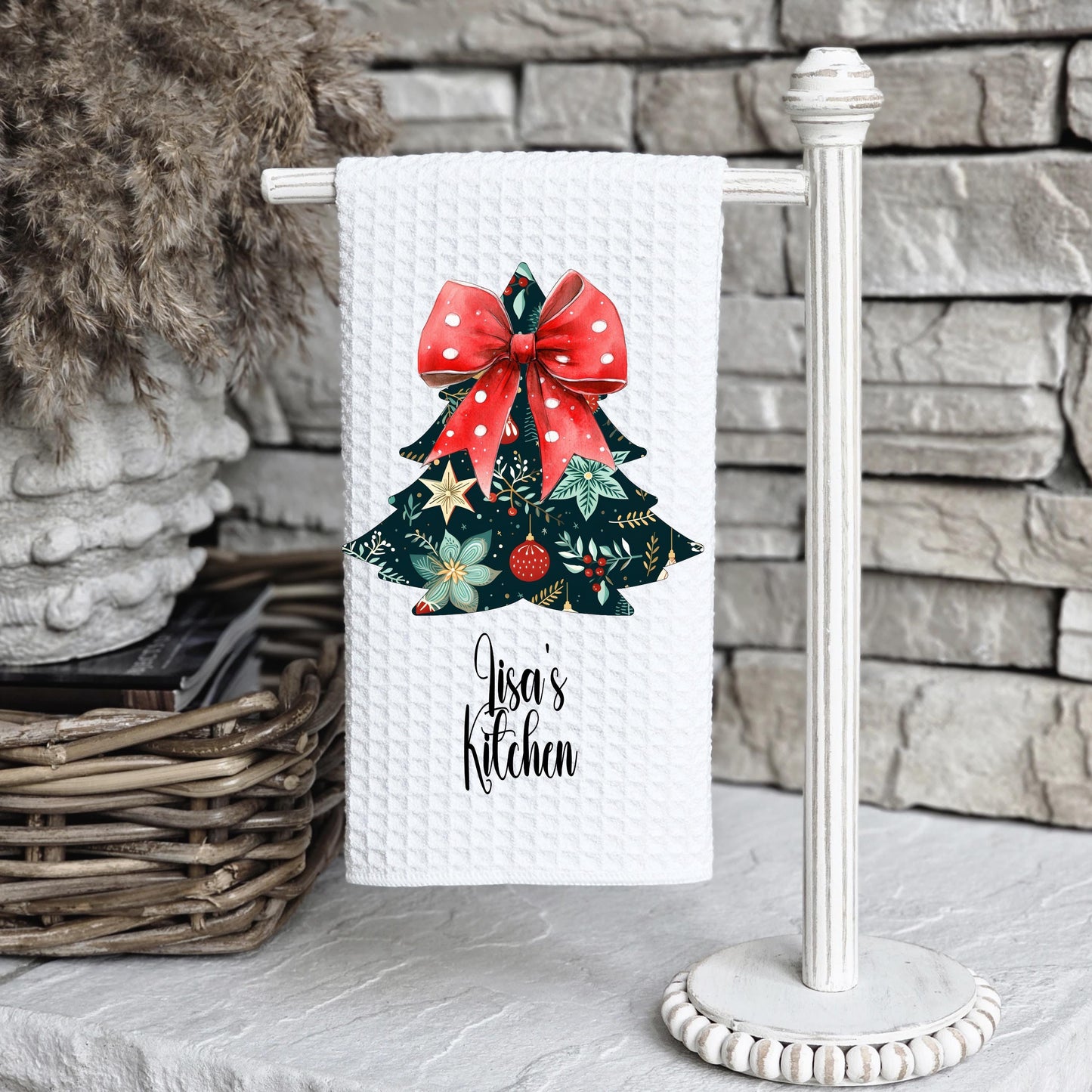 Floral Christmas Tree Kitchen Towel - Waffle Weave Microfiber for Holiday Cheer
