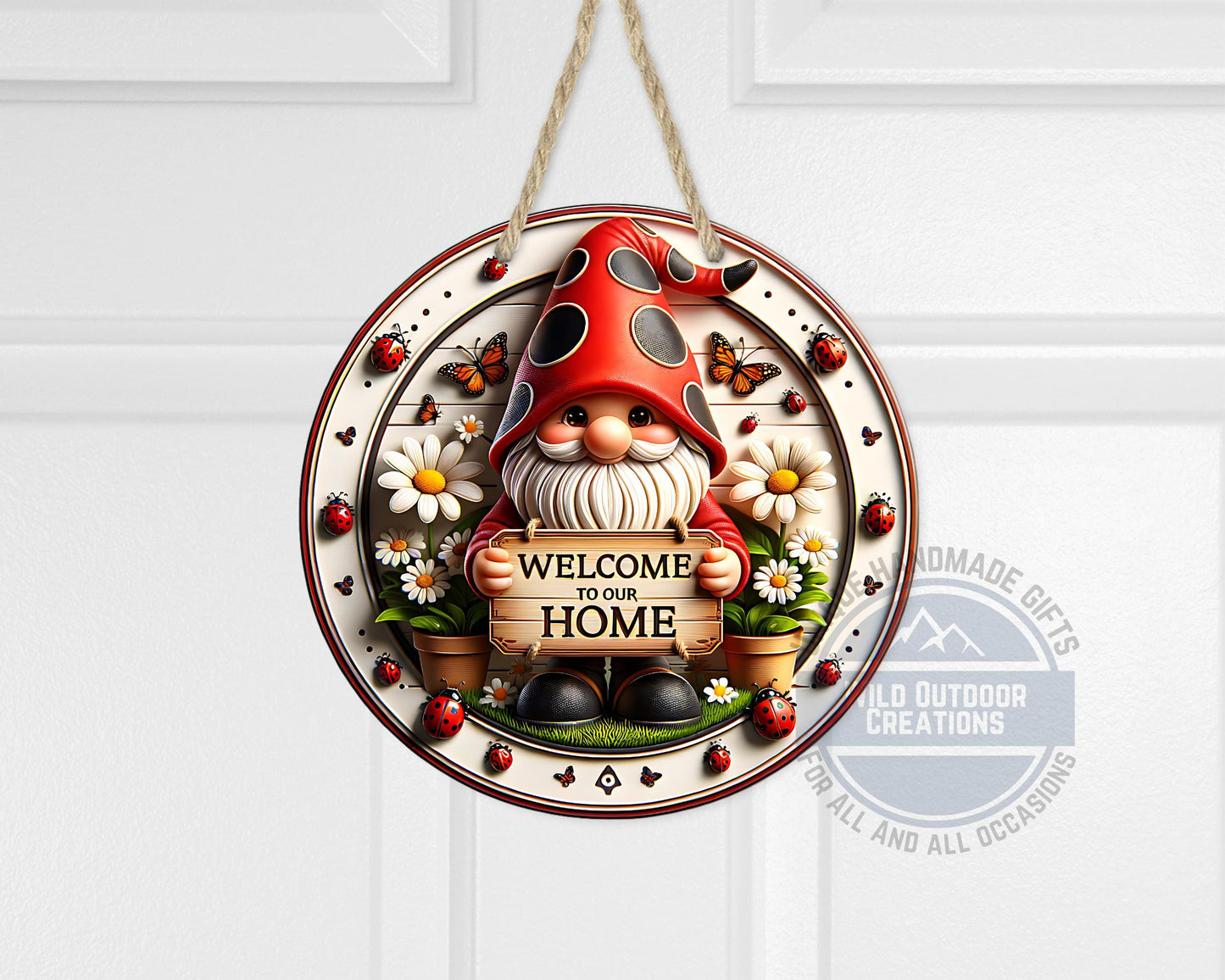 Welcome Gnome Door Hanger - Red Hat Gnome with Daisy & Ladybug Accents