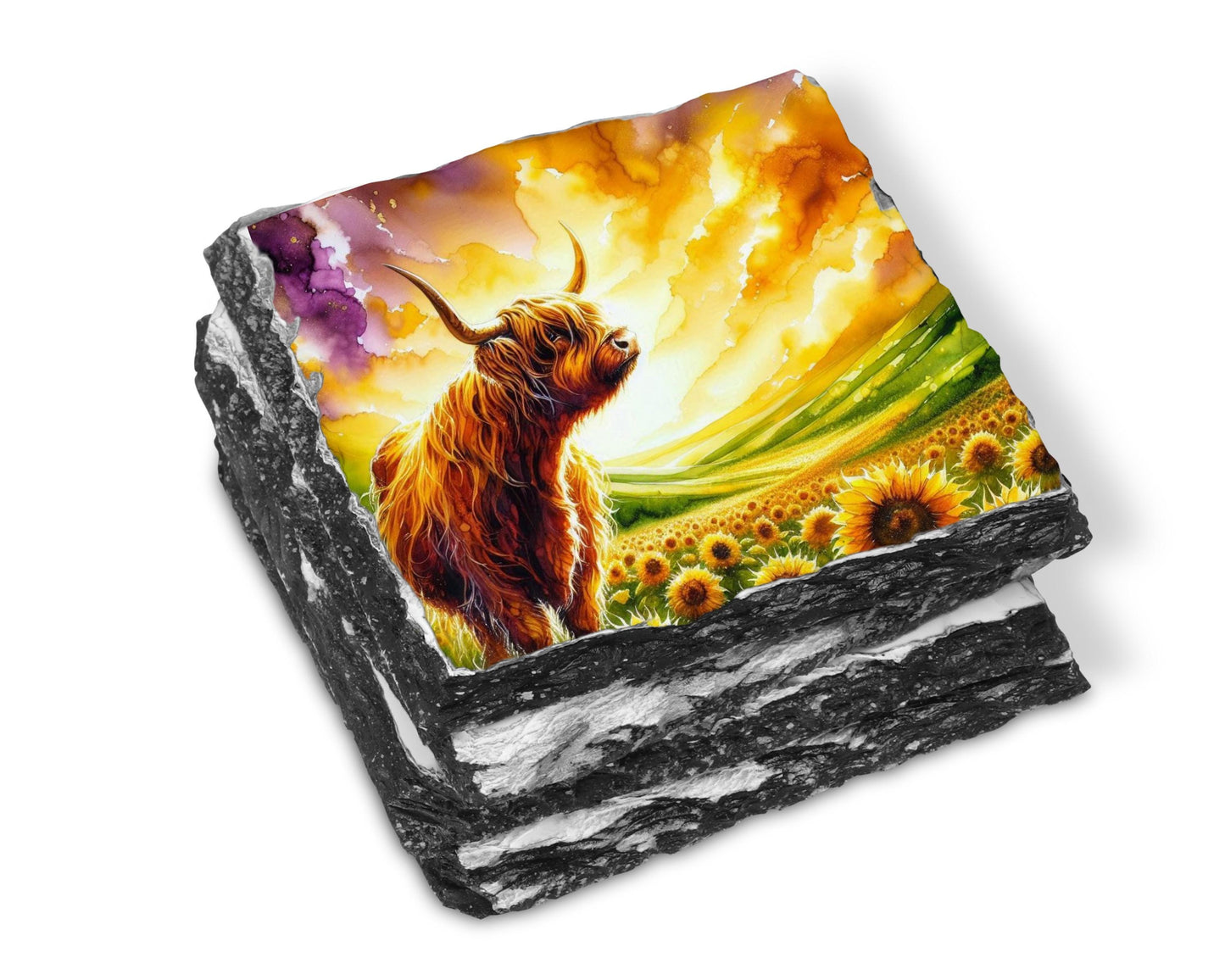 Highland Cow Slate Coaster Set with Sunflower Meadow Design  Unique Fractured Edges