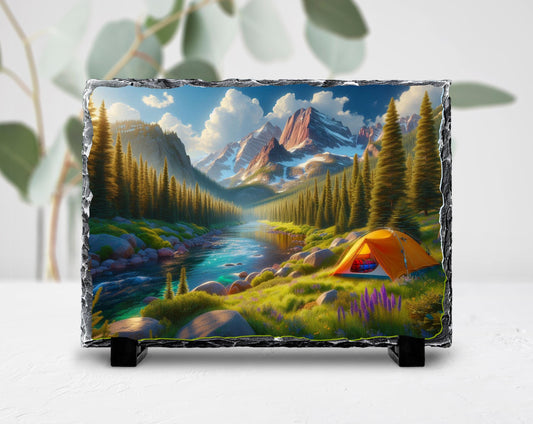 Mountain Camping Plaque - Rustic Slate Art With River And Tent Artwork