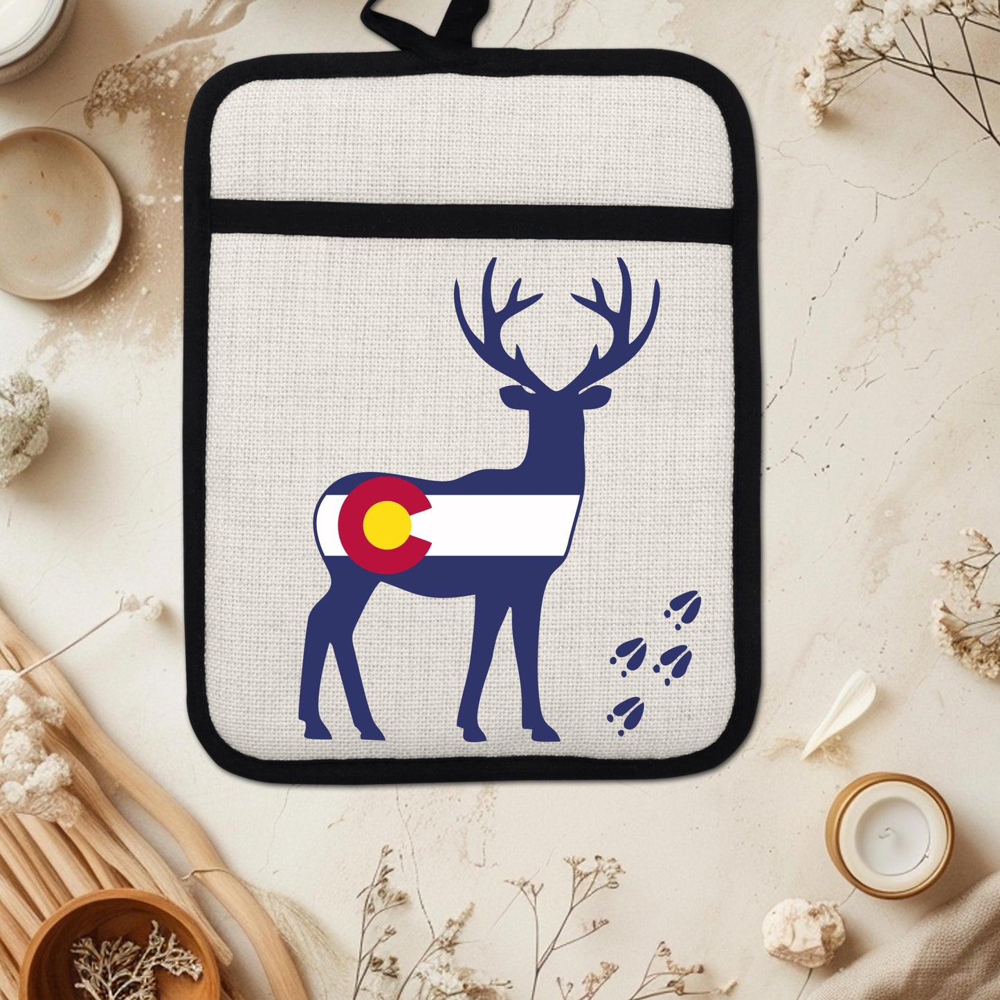 Colorado Deer Pot Holder - Linen Fabric, Silicone Back Trivet with Pocket Grip