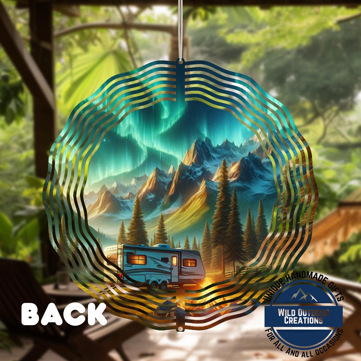 Northern Lights Wind Spinner - Double Sided Camping Spinner with Mountain Scene - scale and size reference