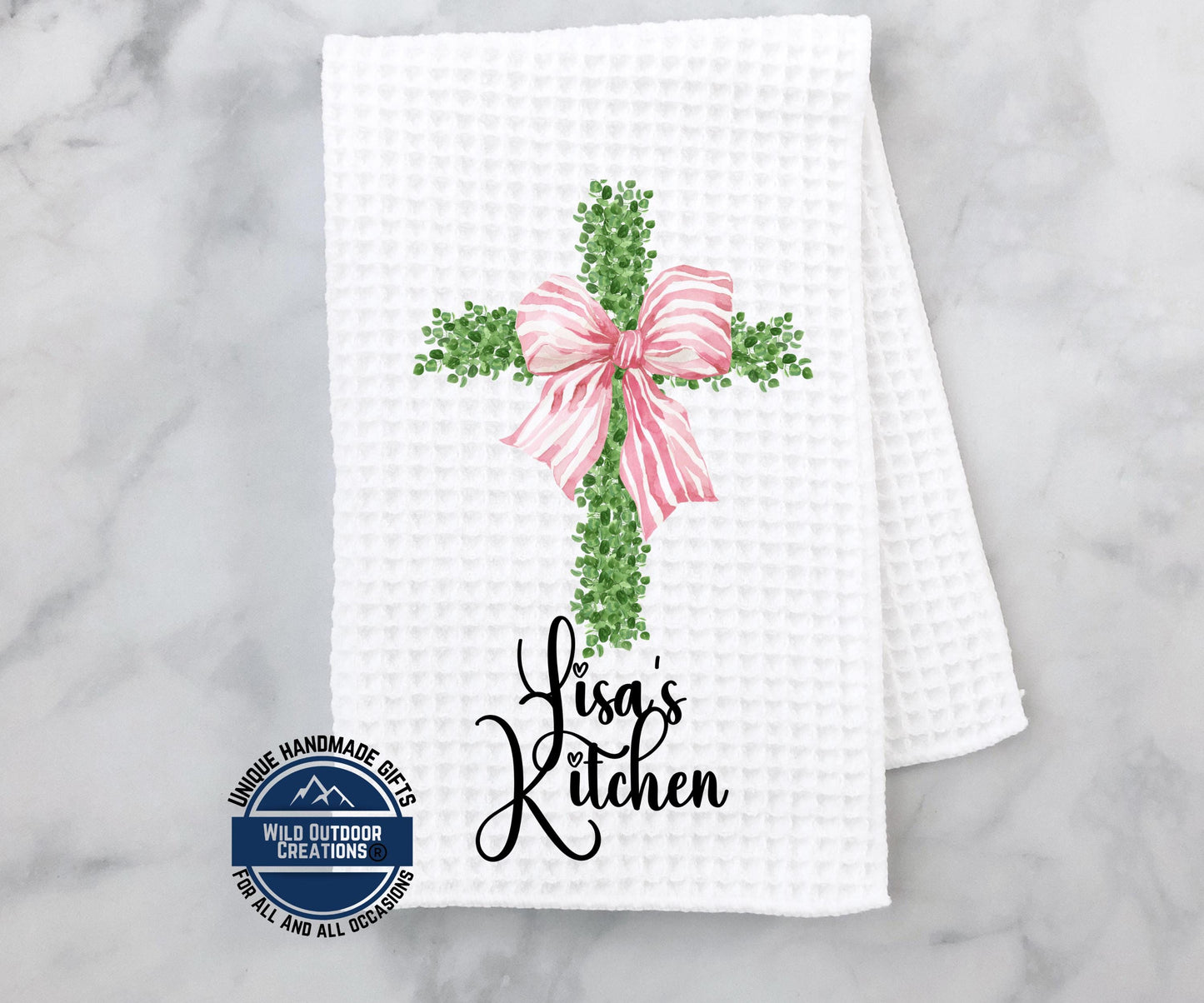 Personalized Kitchen Towel - Custom Name Cross Design with Pink Bow | Easter Gift - scale and size reference