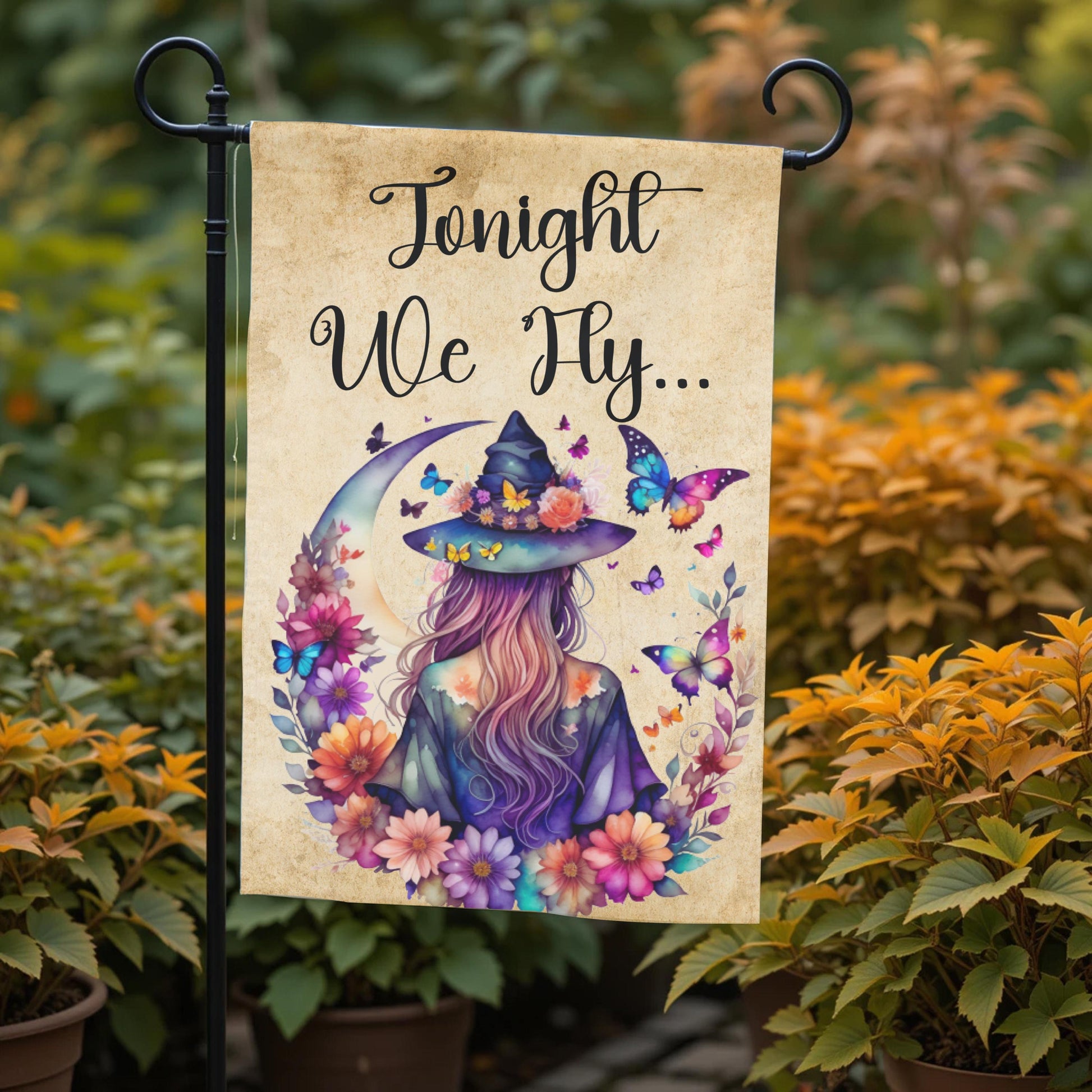 Witch Garden Flag – Floral Butterfly Moon | Boho Halloween Yard Decor 12x18 - alternate view