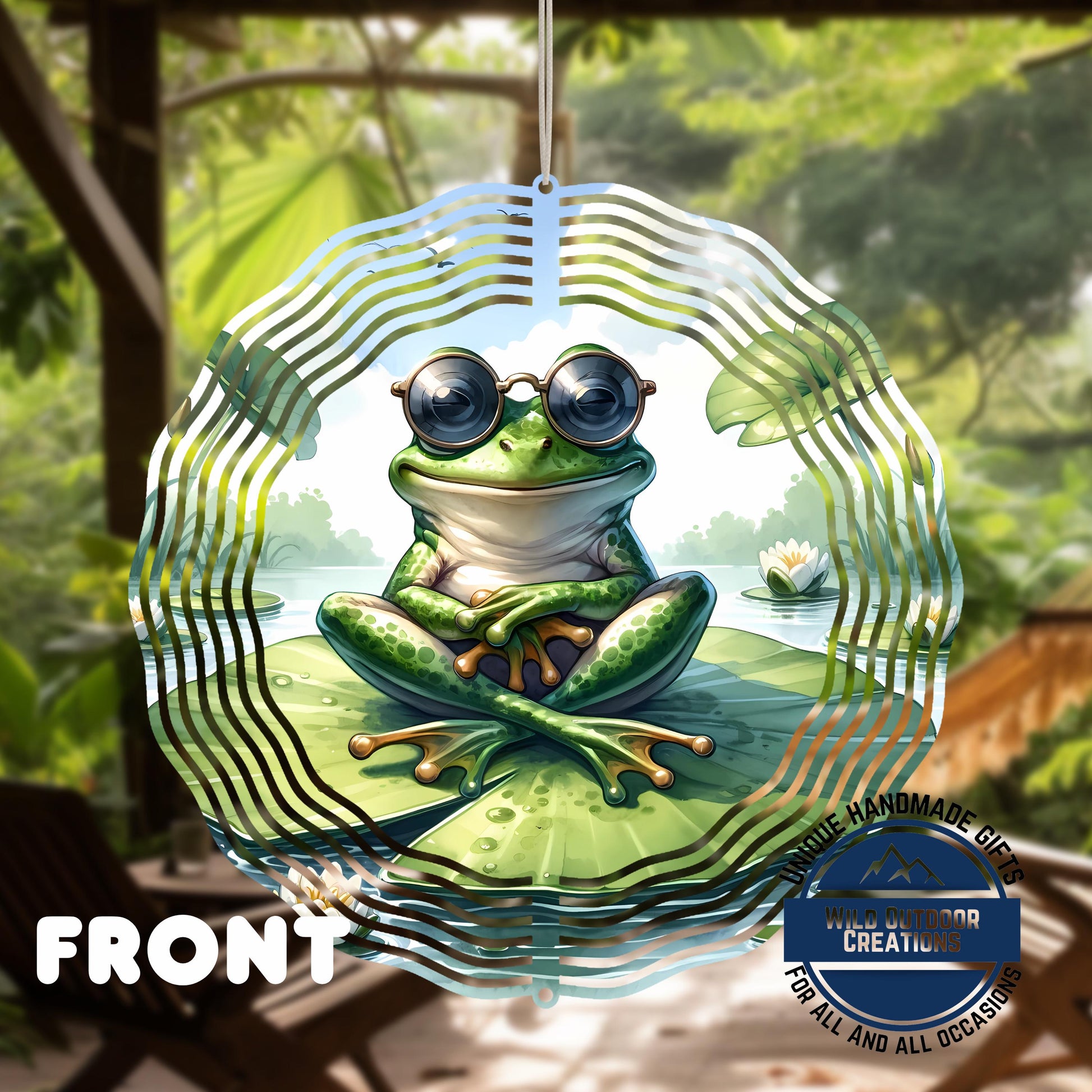 Frog Garden Spinner - 10 Inch Aluminum Wind Spinner with 360 Swivel | Colorful Garden Art - shown spinning in outdoor gard...
