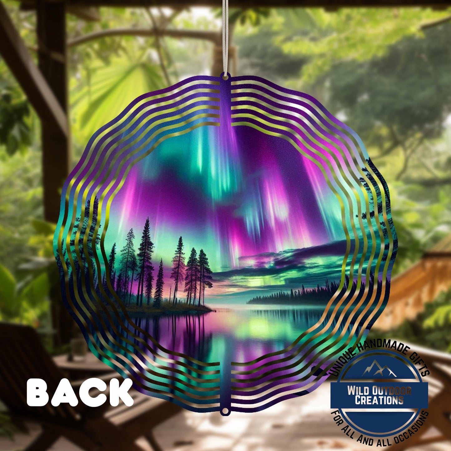 Northern Lights Wind Spinner - 10 Inch Double Sided Lake Scene Garden Decor