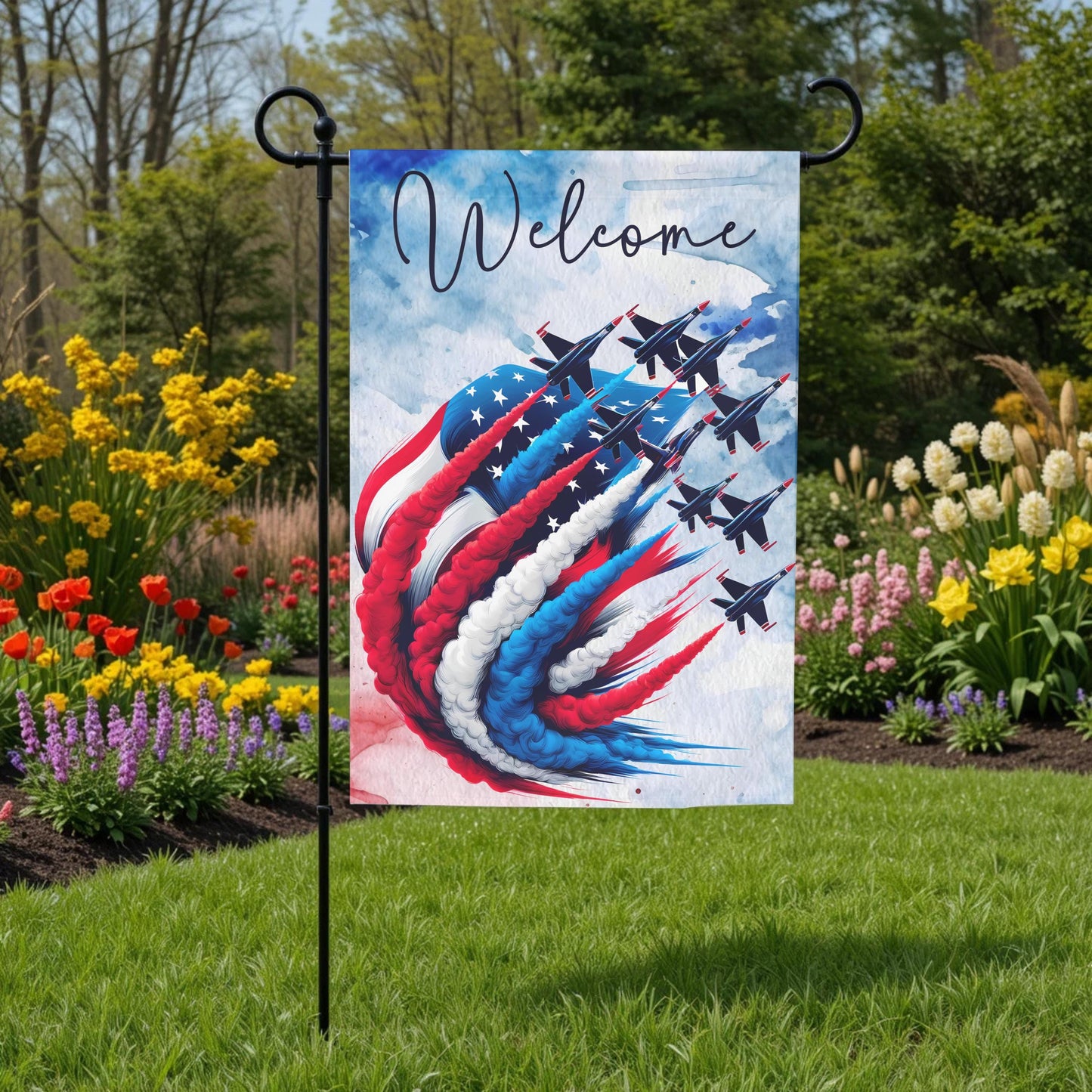 Patriotic Garden Flag - Double Sided 12x18 Red White Blue Fighter Jet Design - lifestyle display
