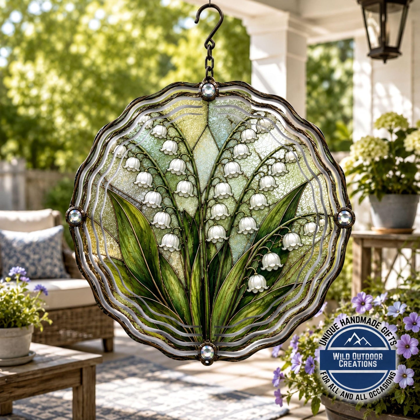 May Birth Flower Lily of the Valley Wind Spinner 10 Inch Faux Stained Glass Decor