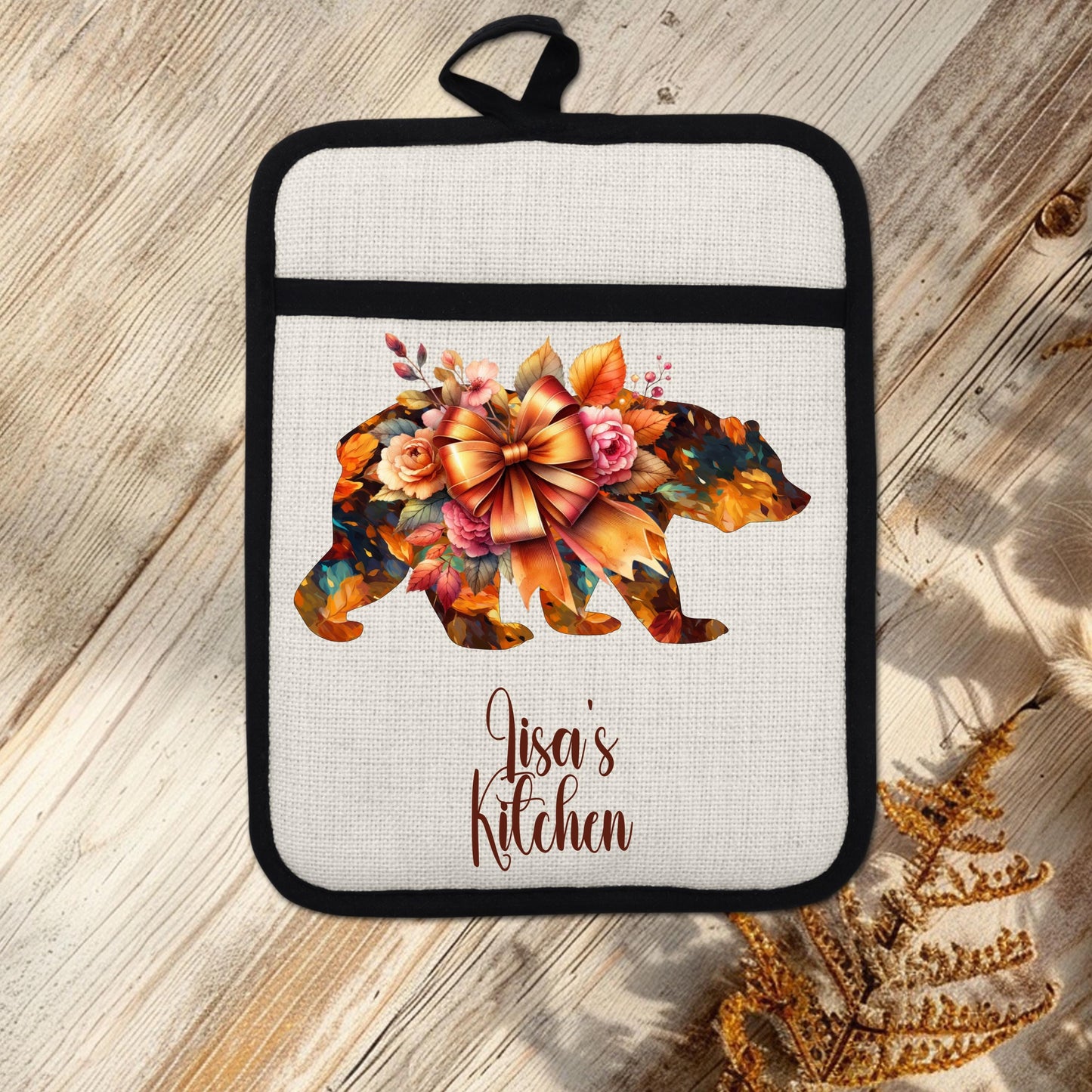 Personalized Autumn Bear Potholder with Pocket - 9x7 Non-Slip Silicone Baking Essential