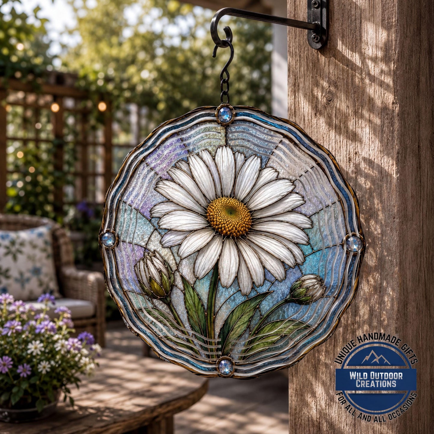 April Birth Flower Daisy Wind Spinner 10 Inch Faux Stained Glass Metal Garden Decor