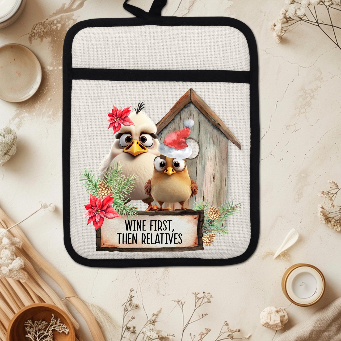 Funny Chicken Christmas Pot Holder with Wine First Then Relatives Quote - Rustic Linen Hot Pad Holiday Gift