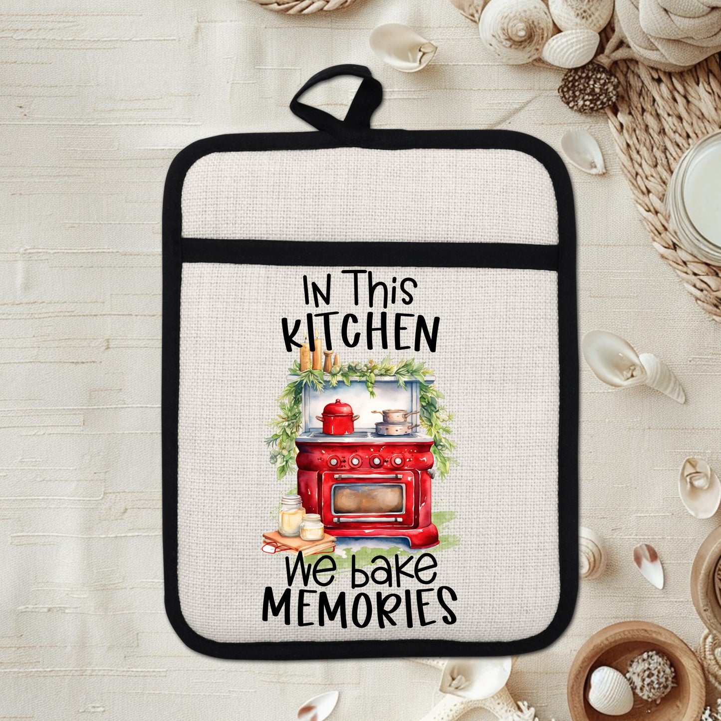 Red Farmhouse Oven Pot Holder - We Bake Memories Quote Rustic Linen Hot Pad for Christmas Kitchen Decor  Holiday Gifts