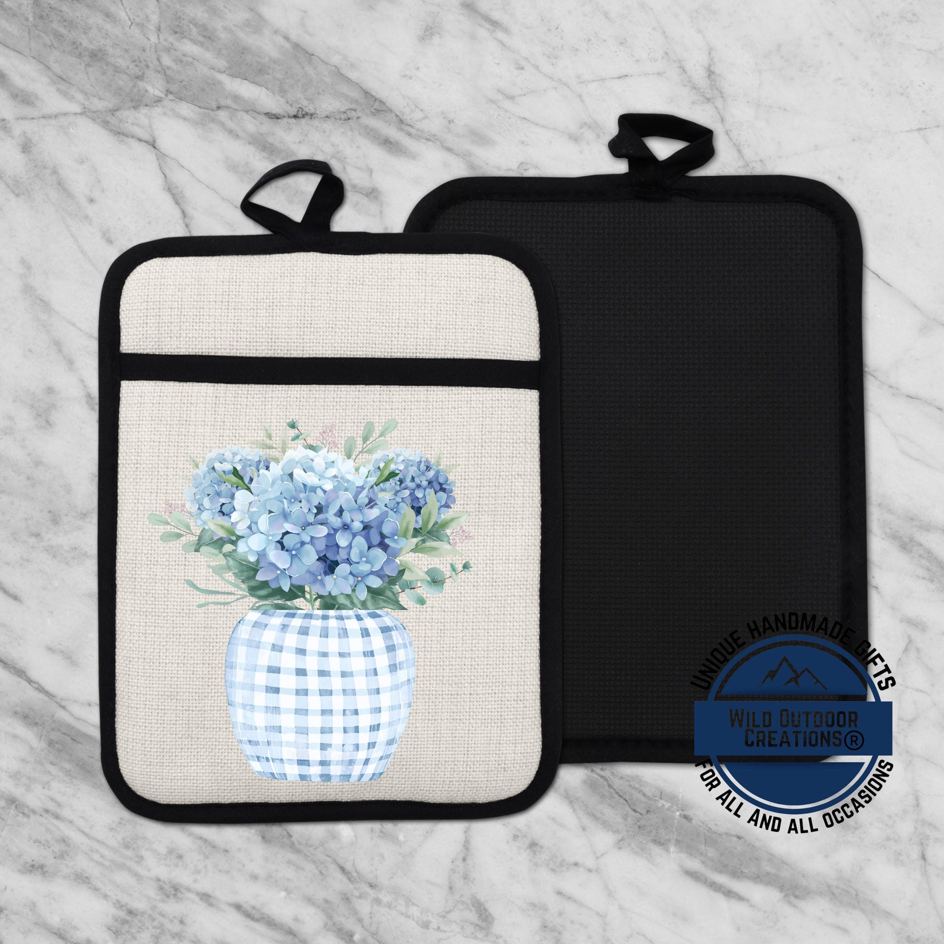 Blue Hydrangea Pot Holder – Floral Kitchen Accessory with Non Slip Silicone Back