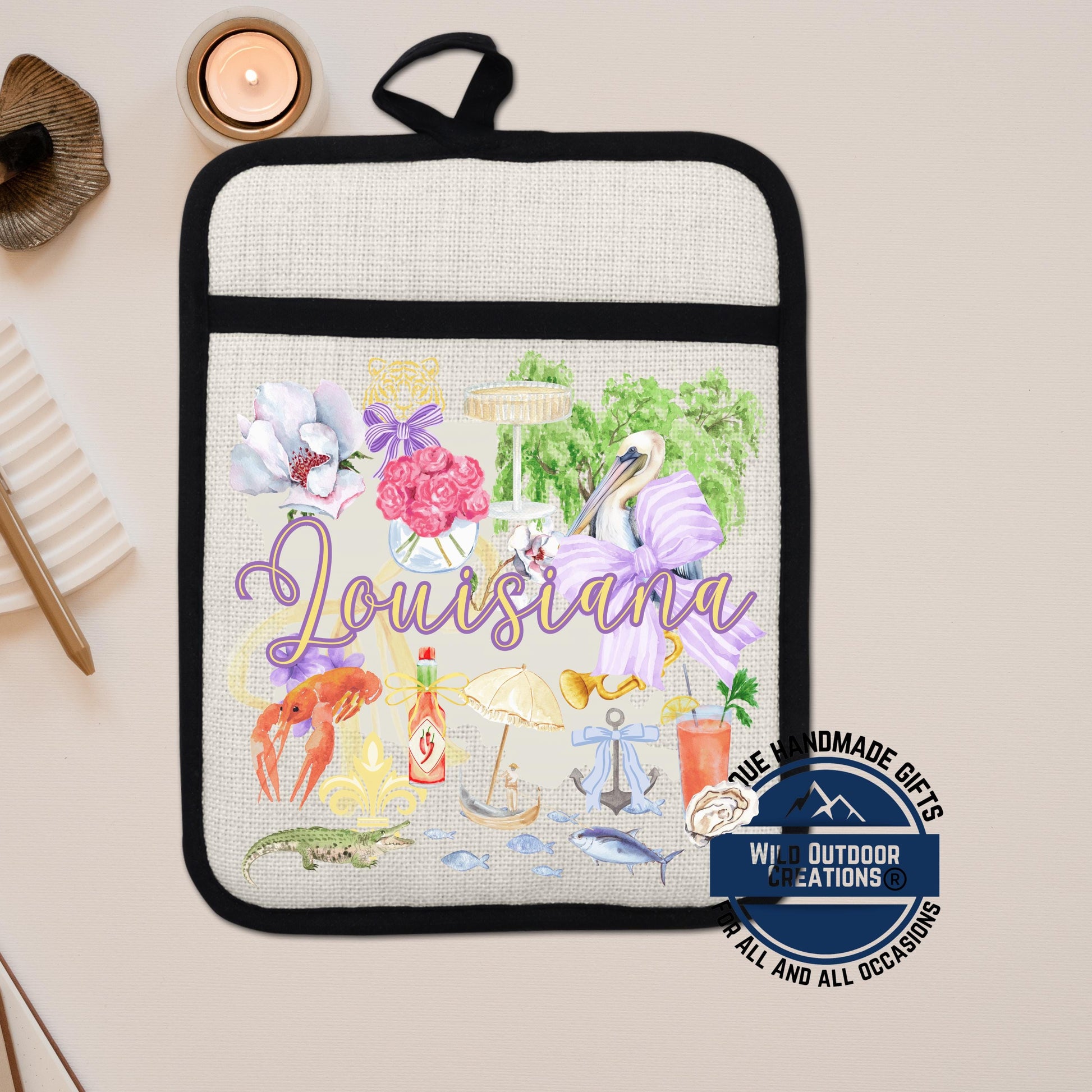 Louisiana Pot Holder | Non Slip Silicone Back Pocket Potholder Linen Kitchen Gift - detail view