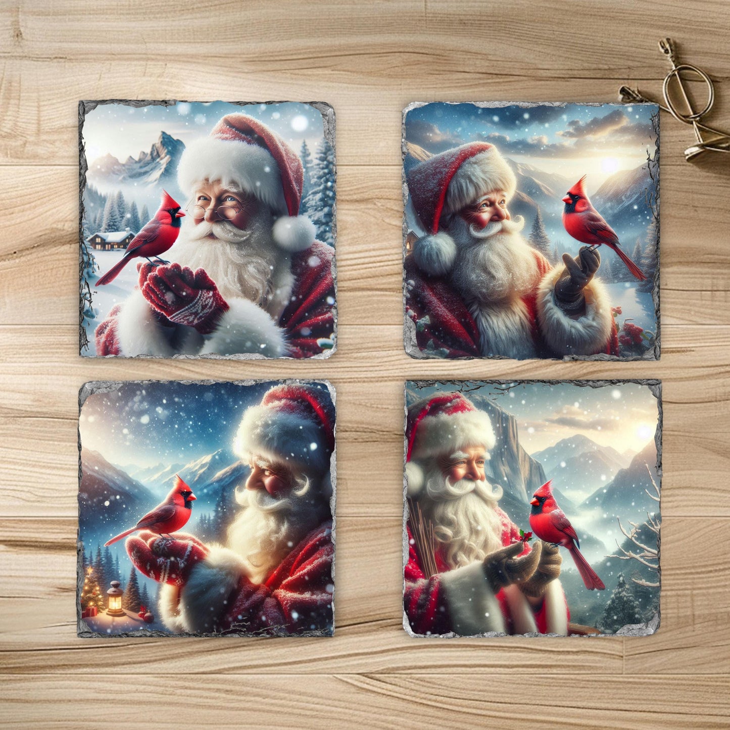 Slate Coaster Set with Santa  Cardinal Winter Scene - Fractured Edged Coasters for Holiday Decor  Gifting