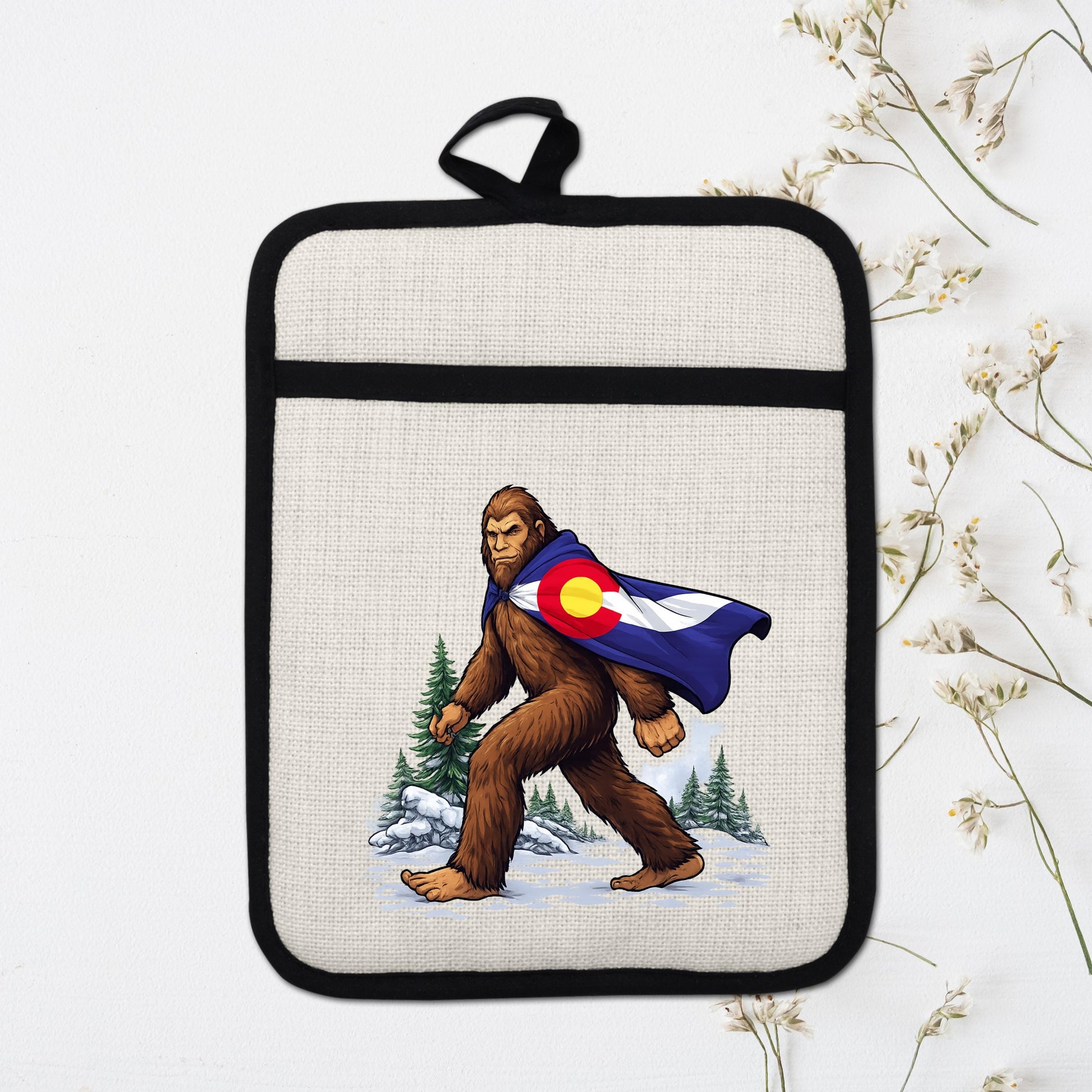 Sasquatch Pot Holder | Colorado Kitchen Decor - Bigfoot Oven Mitt & Heat Resistant Trivet - detail view